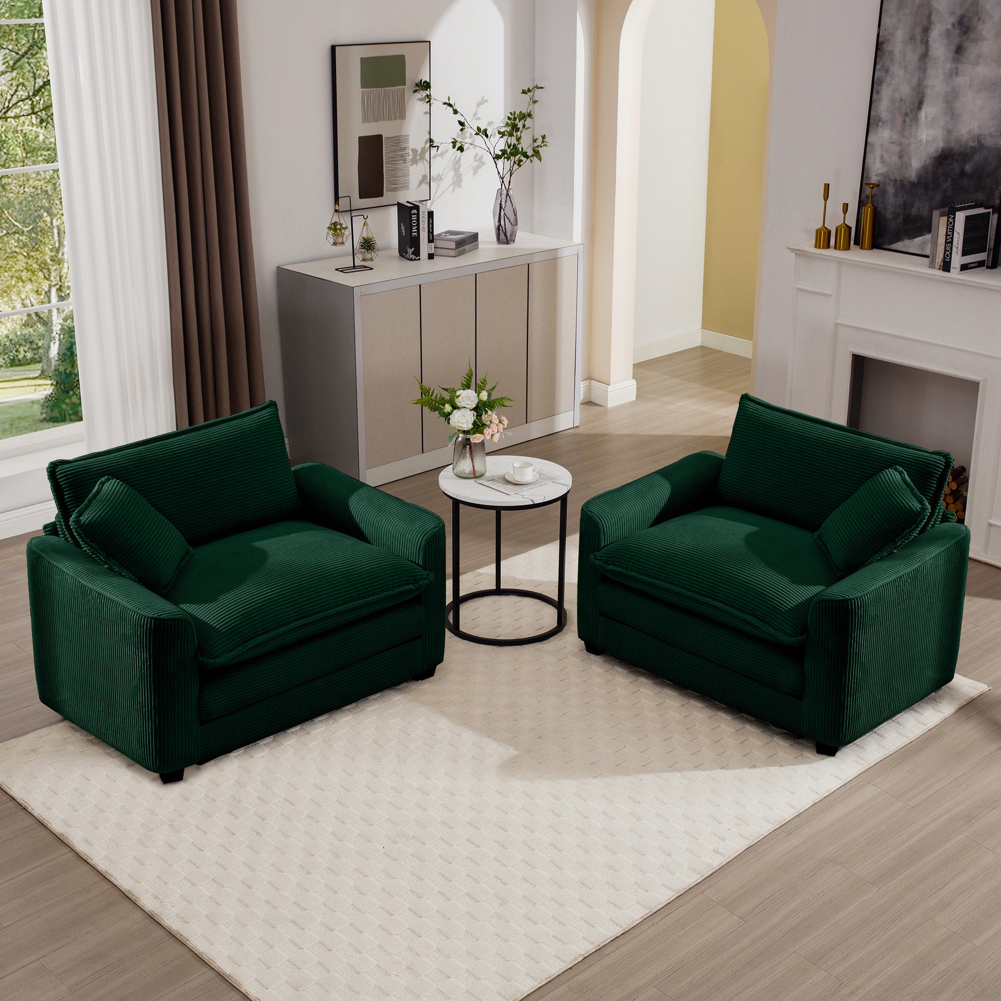 Luxurious And Sophisticated Deep Seated Sofa Set With Two Single Chairs In Green Corduroy Fabric, Suitable For Bedroom And Office Green Corduroy 2 Seat