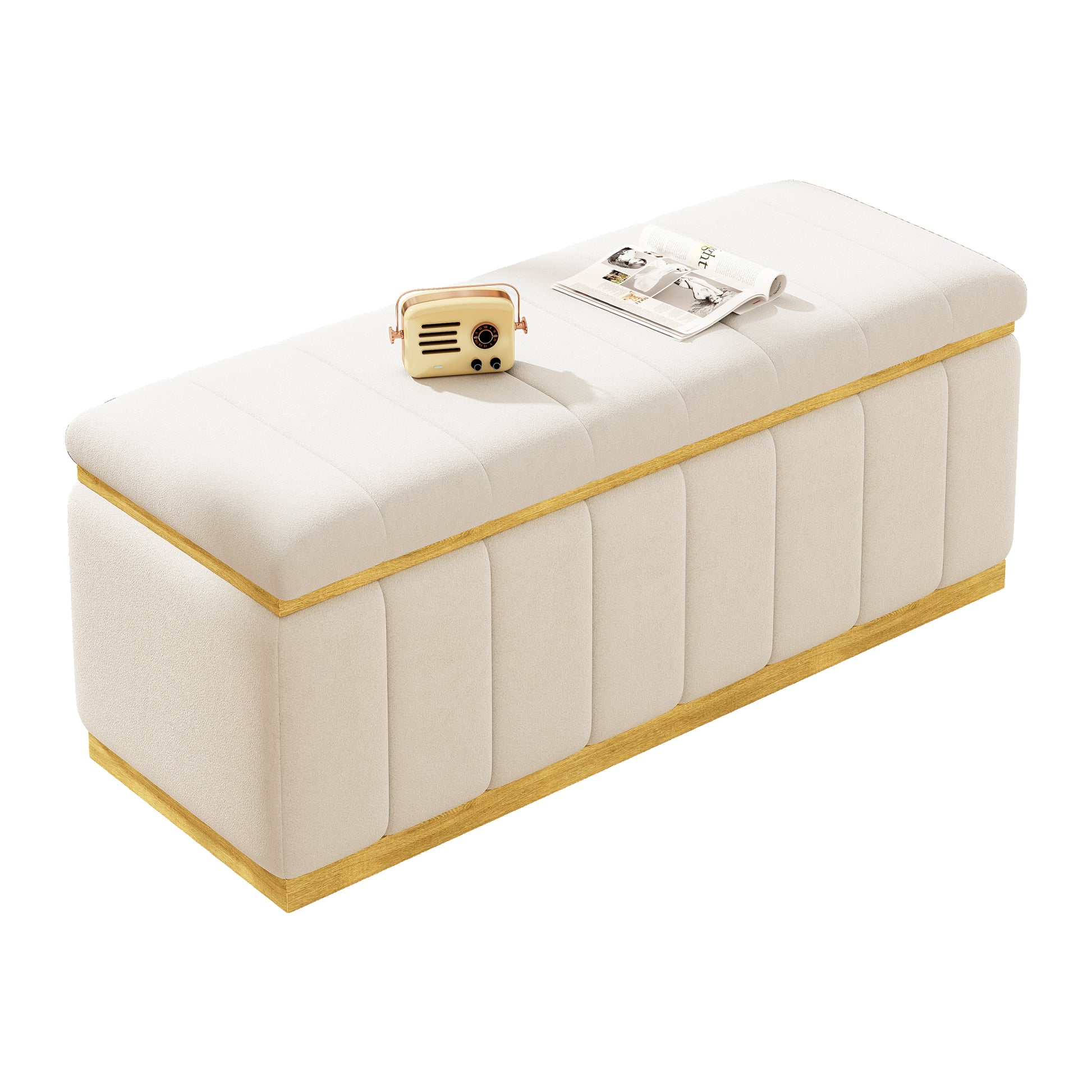 Linen Fabric Upholstered Solid Wood Frame Bench With Large Storage Space For The Living Room, Entryway And Bedroom,Beige, 40''X16''X17'' Beige Wood Oak Rectangle Internal Storage Fabric