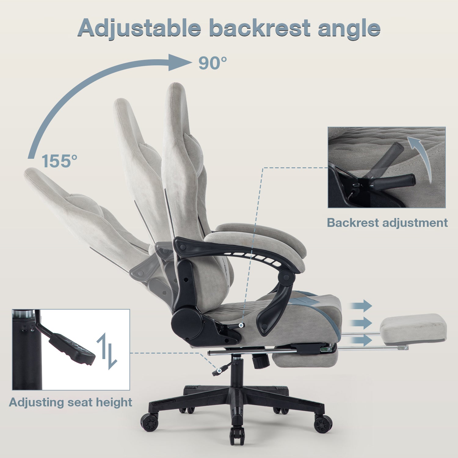 Ergonomiy Adjustable Esports Chair, Equipped With Headrests And Waist Pillows, Adjustable Height, Suitable For Offices And Gaming Rooms Metal Grey Cotton