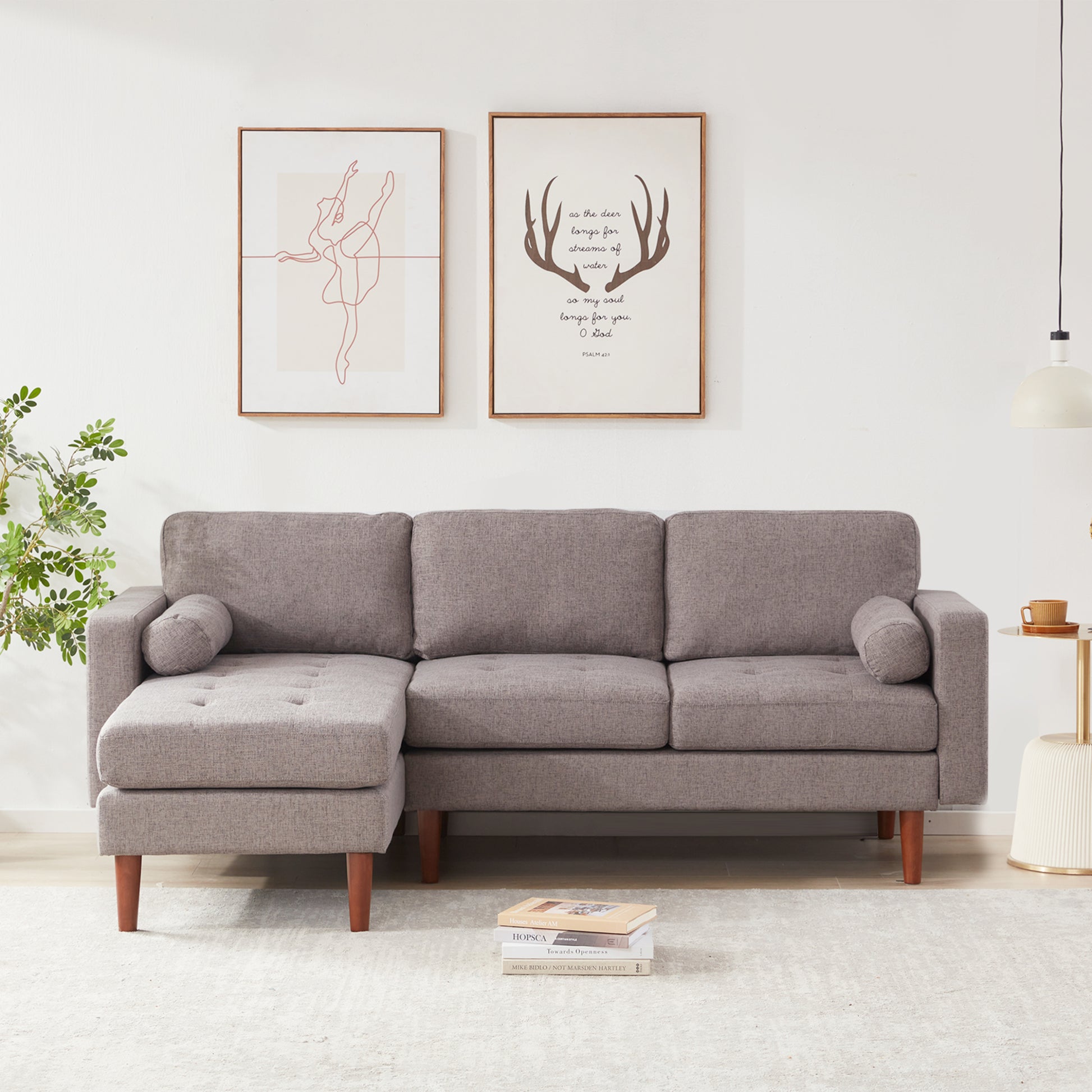 80" W Sectional Sofa Couch, Convertible Sofa With Tufted Seat Cushion, L Shaped Couch With Reversible Chaise, Mid Century Modern Couches For Living Room Apartment Small Space, Line Grey Brown Wood Bedroom Heavy Duty Oak 4 Seat Gray Linen Soft Cushion