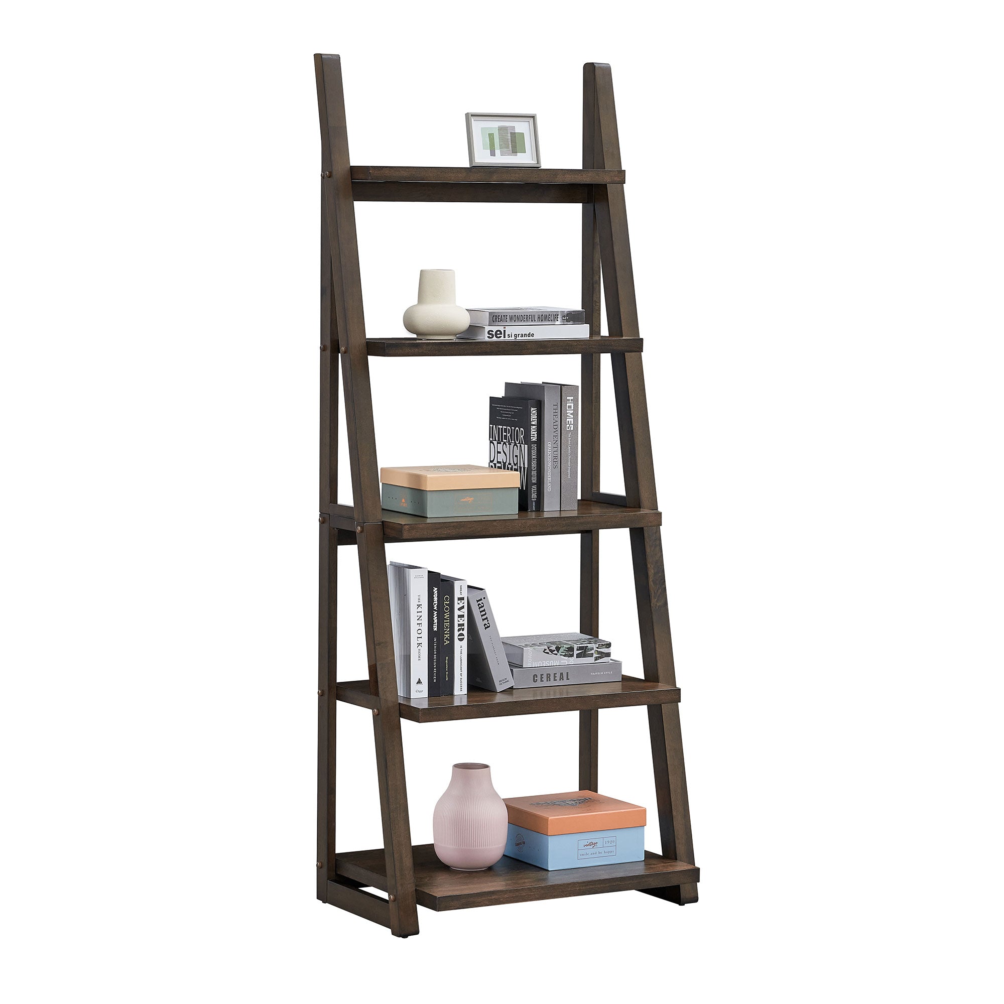 5 Tier Shelves,Bookshelf, Storage Rack, Bookcase With Rubber Wood Frame, Ladder Shelf For Living Room, Home Office, Kitchen, Bedroom, Apartment ,Rustic Brown Rustic Brown Solid Wood Mdf