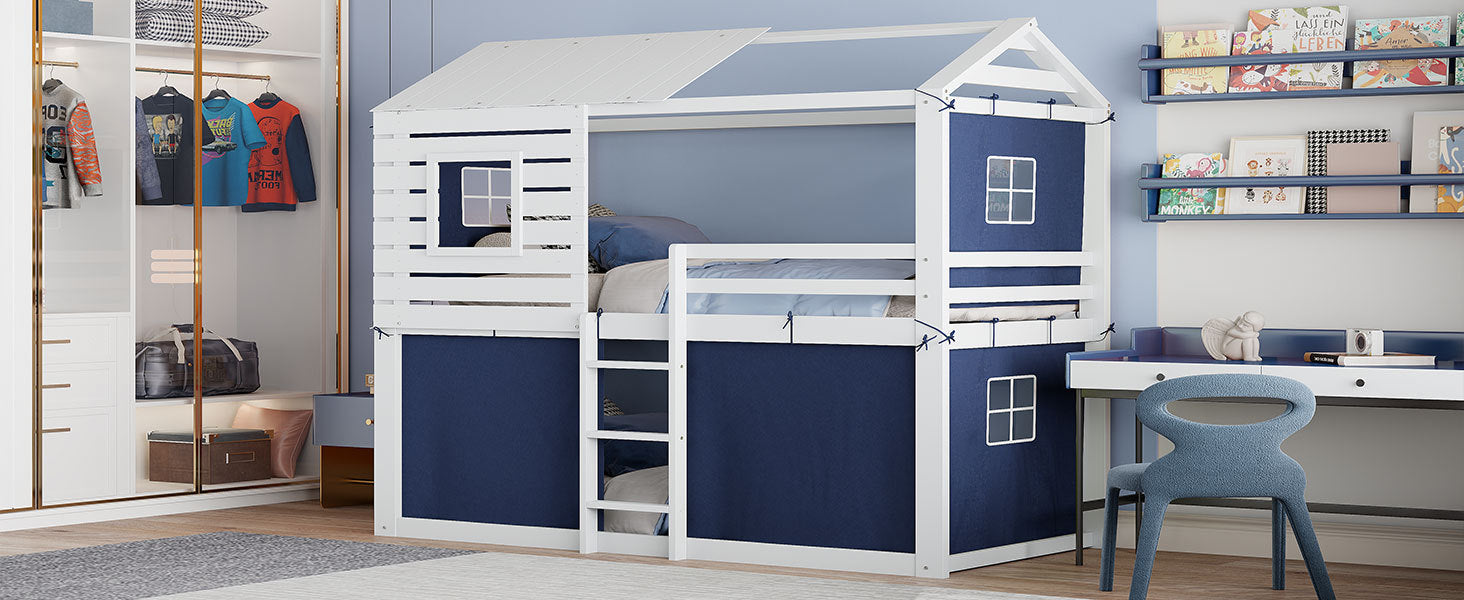 Twin Size Bunk Wood House Bed With Tent, Blue White Twin Blue Solid Wood Mdf