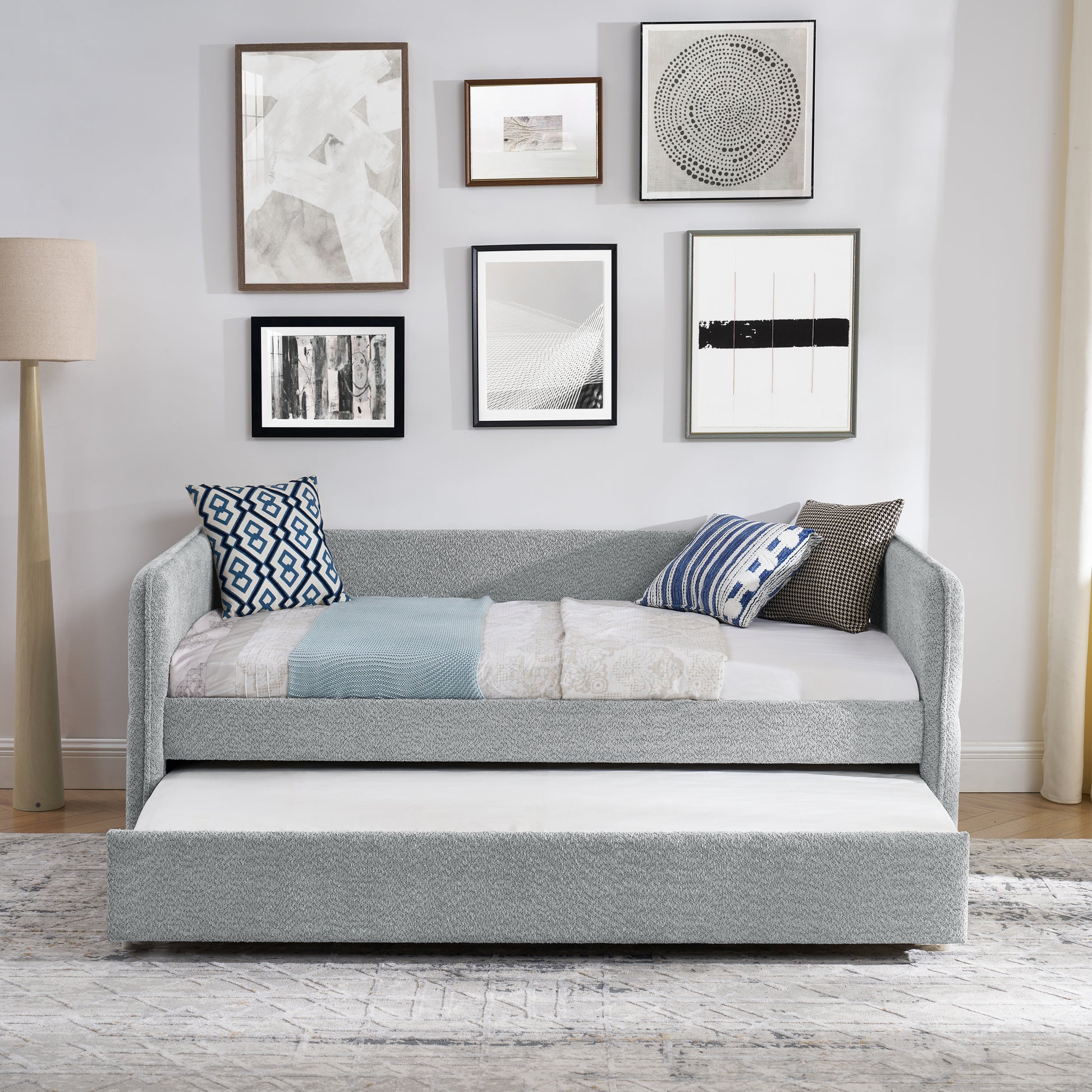 Daybed With Trundle Upholstered Tufted Sofa Bed, Twin Size, Boucle Fabric, Grey 83"X43"X29.5" Grey Boucle