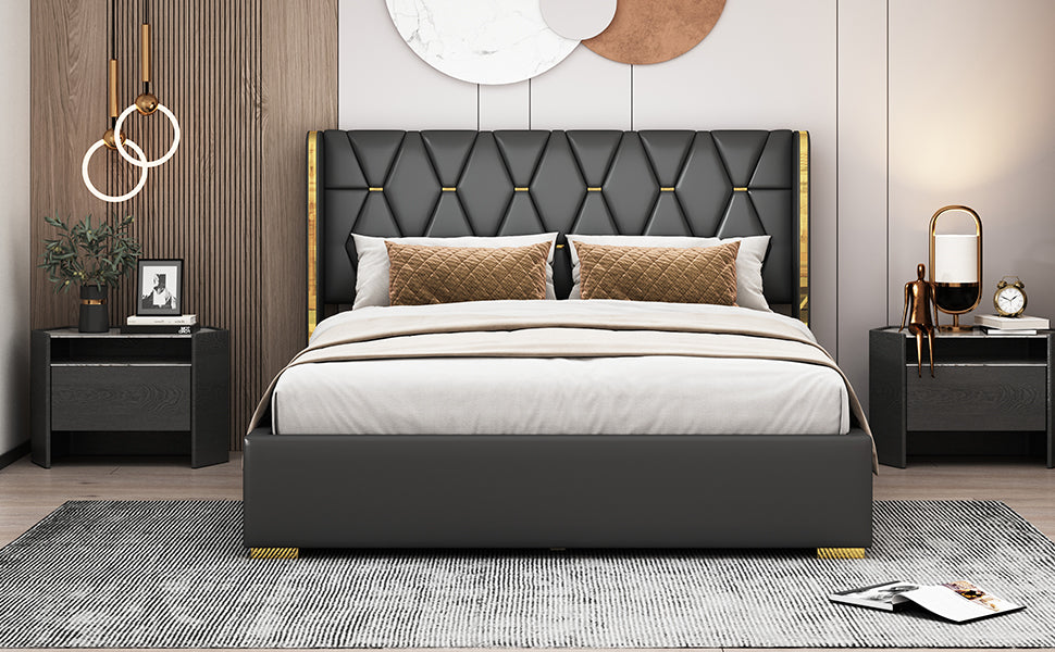 Queen Size Upholstered Platform Bed With Metal Strips, Black Queen Black Pu