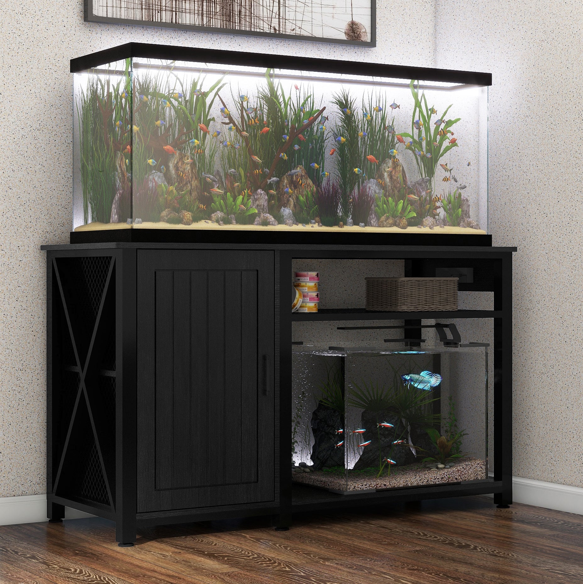 Heavy Duty 55 75 Gallon Aquarium Stand With Power Outlets, Cabinet For Fish Tank Accessories Storage Metal Fish Tank Stand Suitable For Fish Tank, Turtle Tank, 880Lbs Capacity, Black 1 2 Shelves Black Adjustable Shelves Particle Board