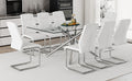 Table And Chair Set.Modern Luxurious Transparent Tempered Glass Dining Table Set With 8 Chairs.Single Fork Silver Metal Table Legs.White High Quality Pu Dining Chairs With Silver Metal Legs.