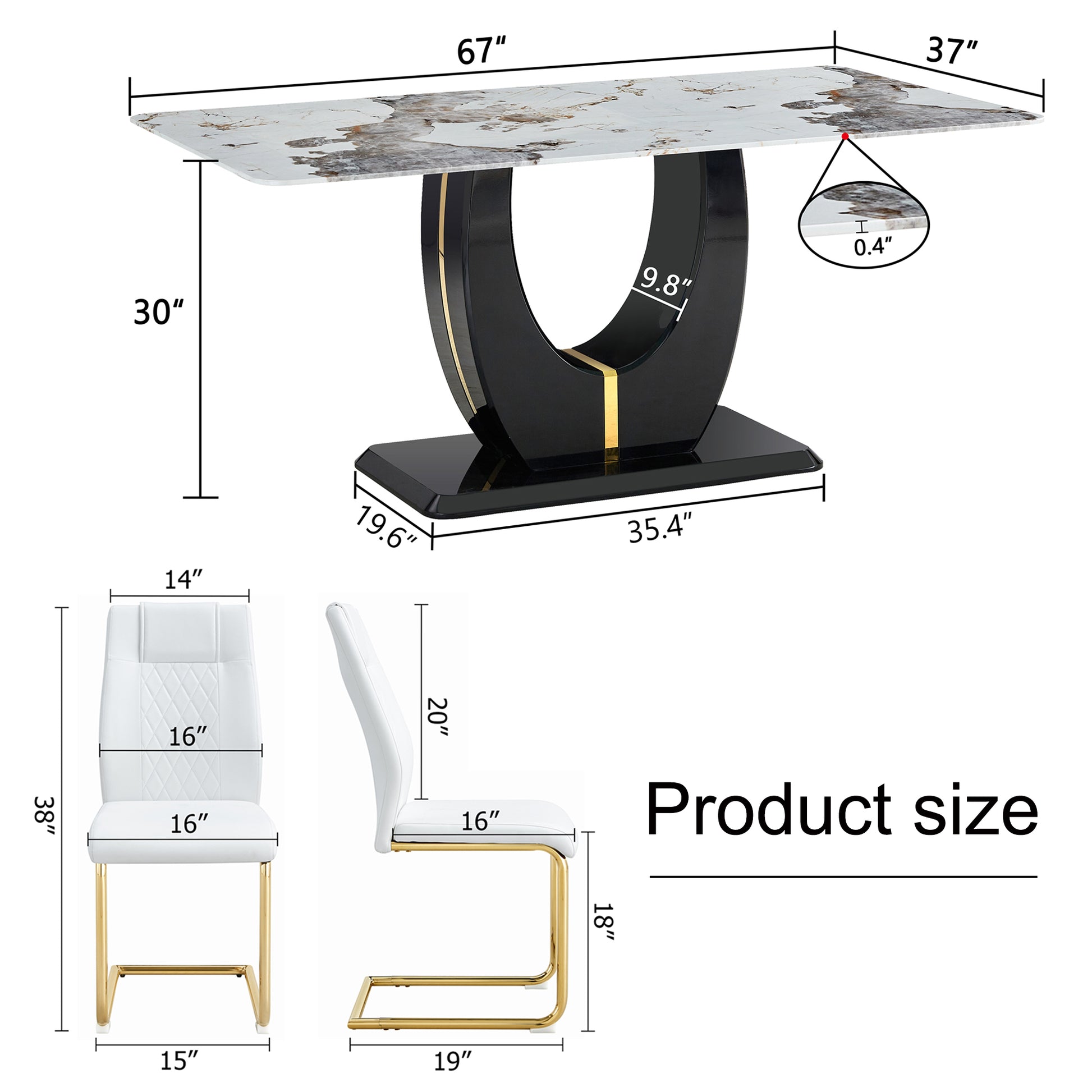 Table And Chair Set, Modern Dining Table, Patterned Table Top And Black Mdf Table Leg, Soft And Comfortable Dining Chair, Perfect For Dinner, Meetings, Home And Office Decor White Black Mdf Glass