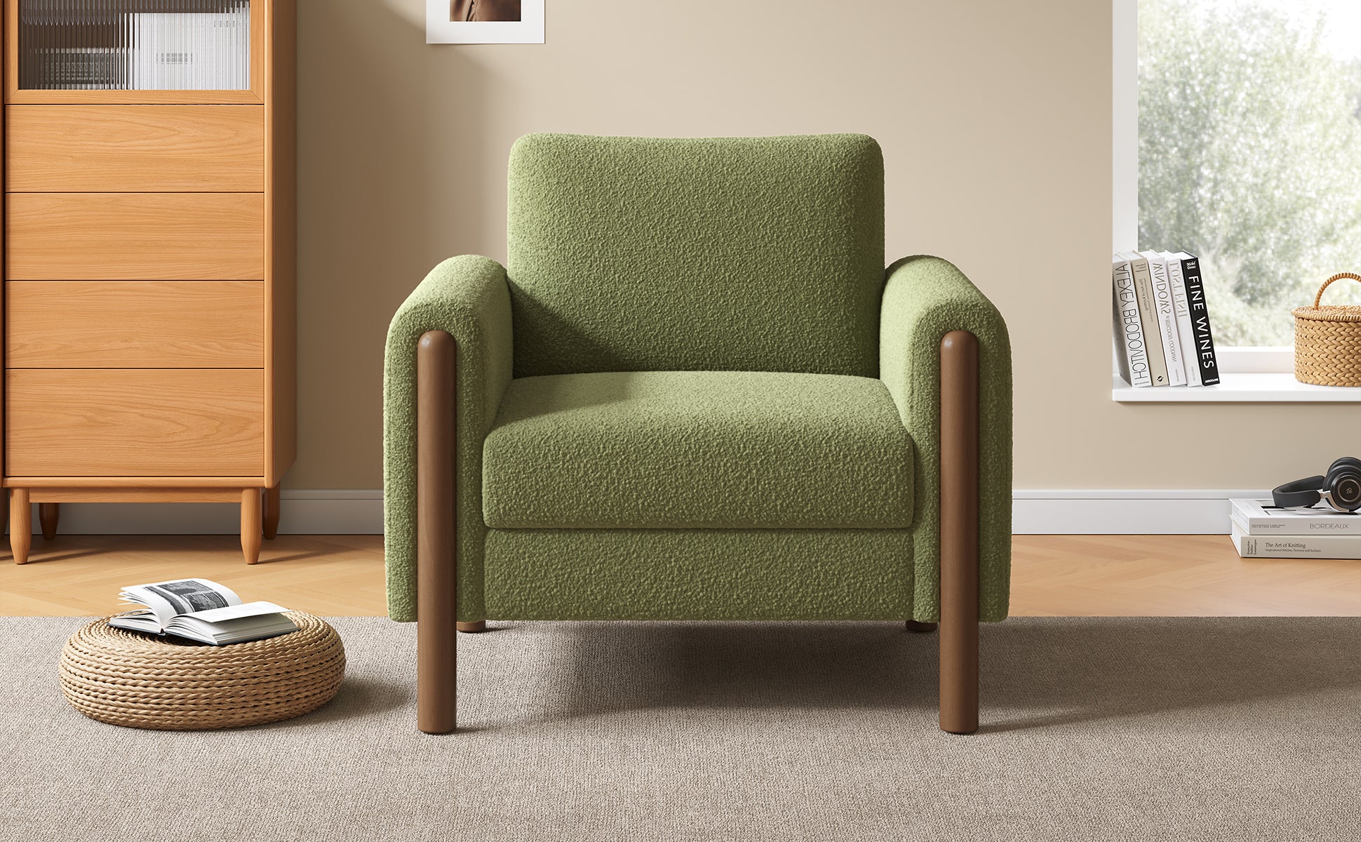 Oversized Accent Chair, Upholstered Living Room Chairs Single Sofa Chair With Walnut Legs, Curved Handrail, Green Green Teddy