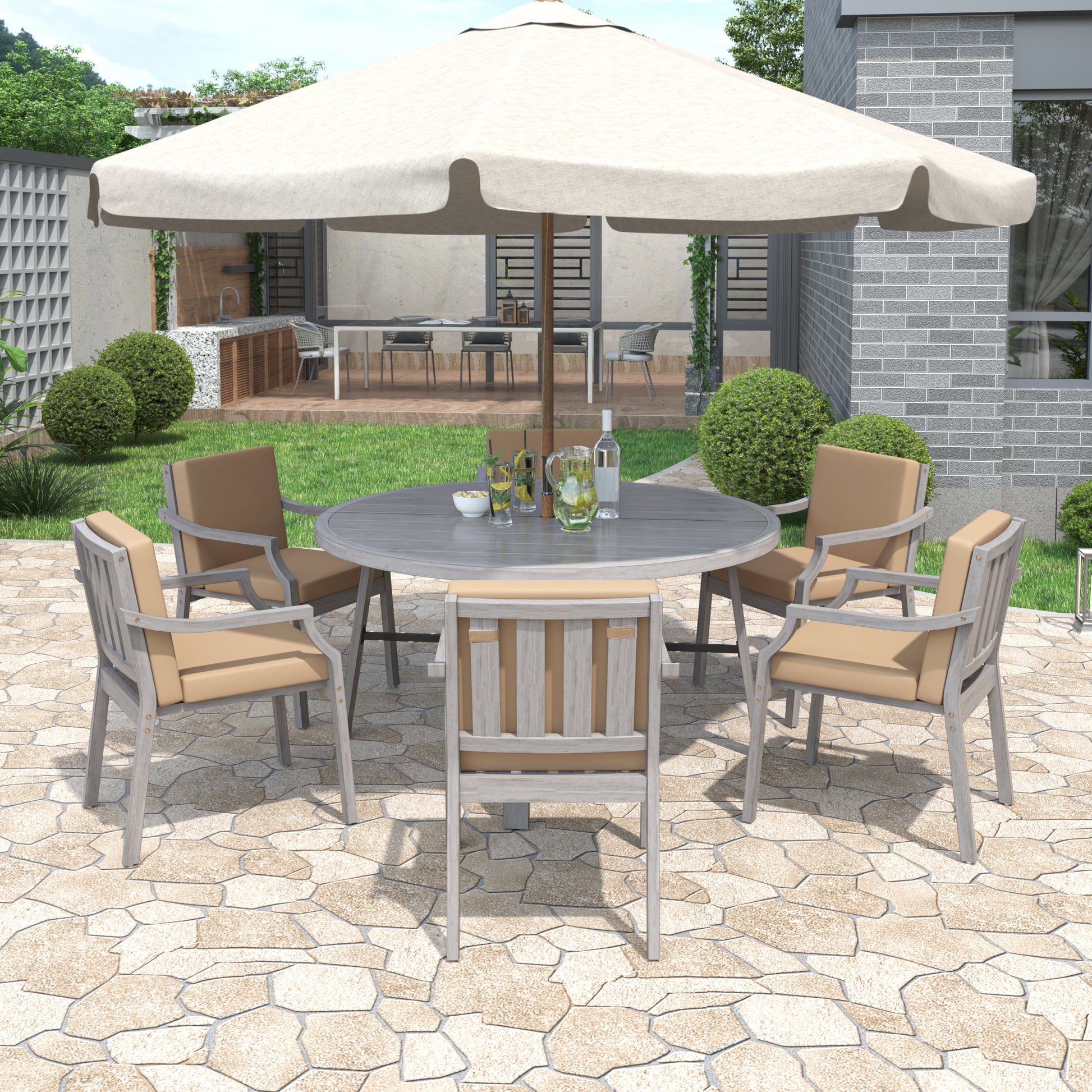 Outdoor Dinning Set 6 Person Outdoor Wooden Dinning yes-grey-weather resistant frame-water resistant