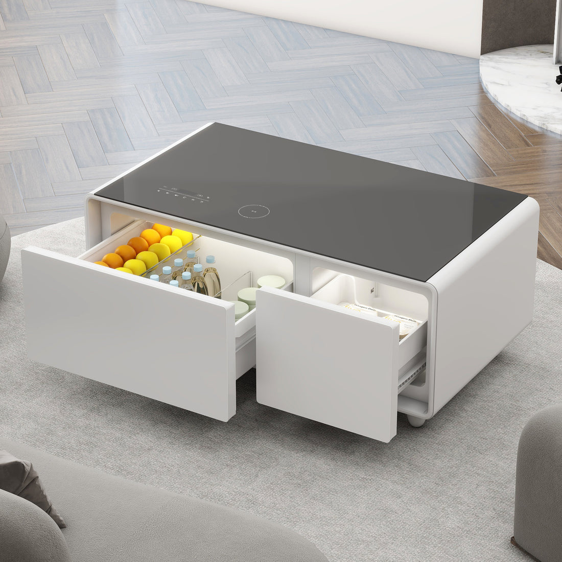 Modern Smart Coffee Table With Built In Fridge, Bluetooth Speaker, Wireless Charging, Touch Control Panel, Usb Ports, Outlet Protection, Atmosphere Light, White White Built In Outlets Or Usb Primary Living Space Freestanding Rectangular Drawers Coffee &