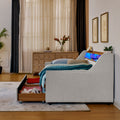 Twin Size Upholstery Sofa Bed With Three Led Lights, With Storage Adjustable Headboard, With Foldable Leg Pull Up Trundle Bed And Wireless Charging, Linen Padded Sofa Bed Frame, Beige Box Spring Not Required Twin Beige Composite Bedroom Classic