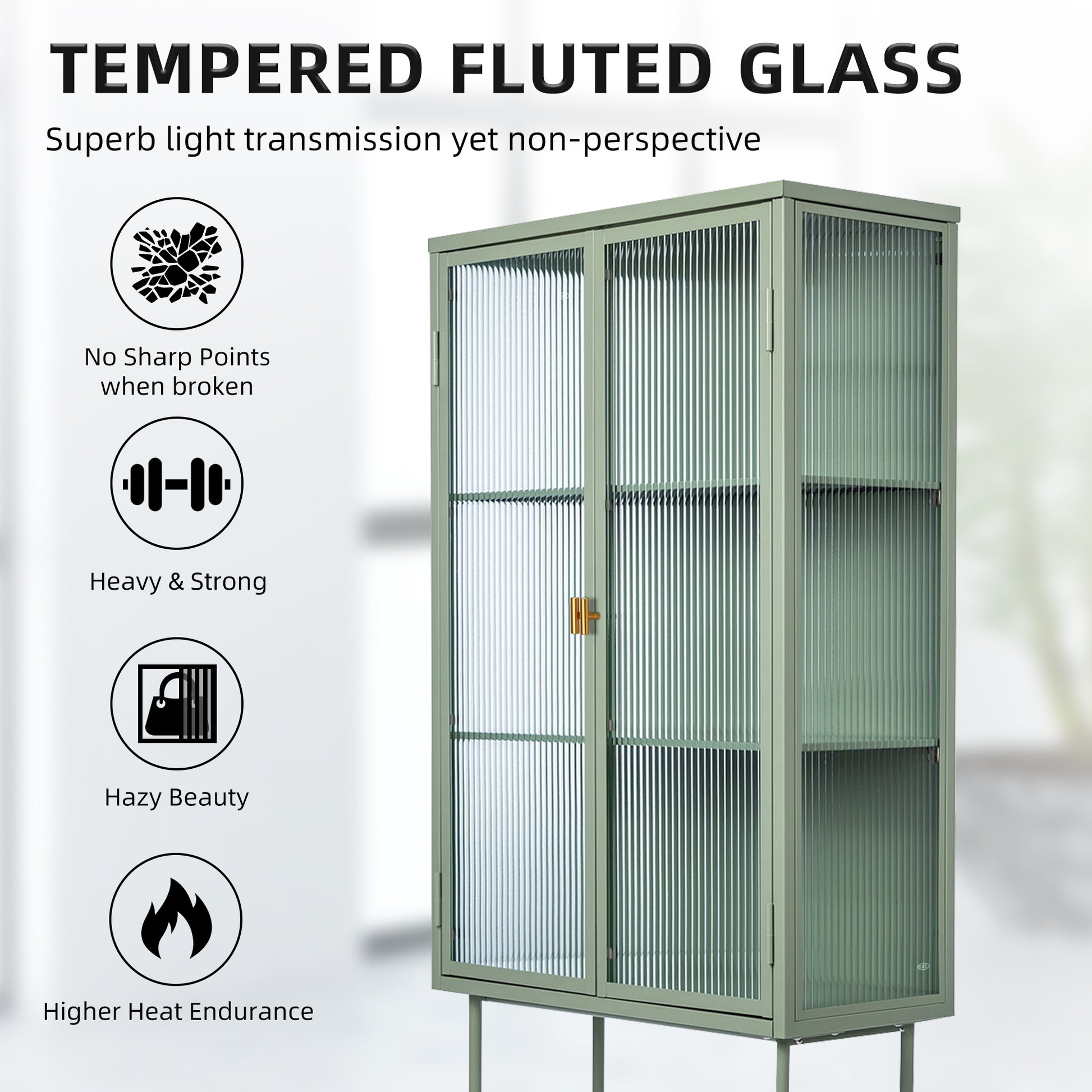 Mint Green Tall Freestanding Display Cupboard Stylish Fluted Glass Storage Cabinet With Glass Doors Three Detachable Shelves Bottom Space For Office Dining Room Living Room Bedside Old Sku:W68743736 Mint Green Steel