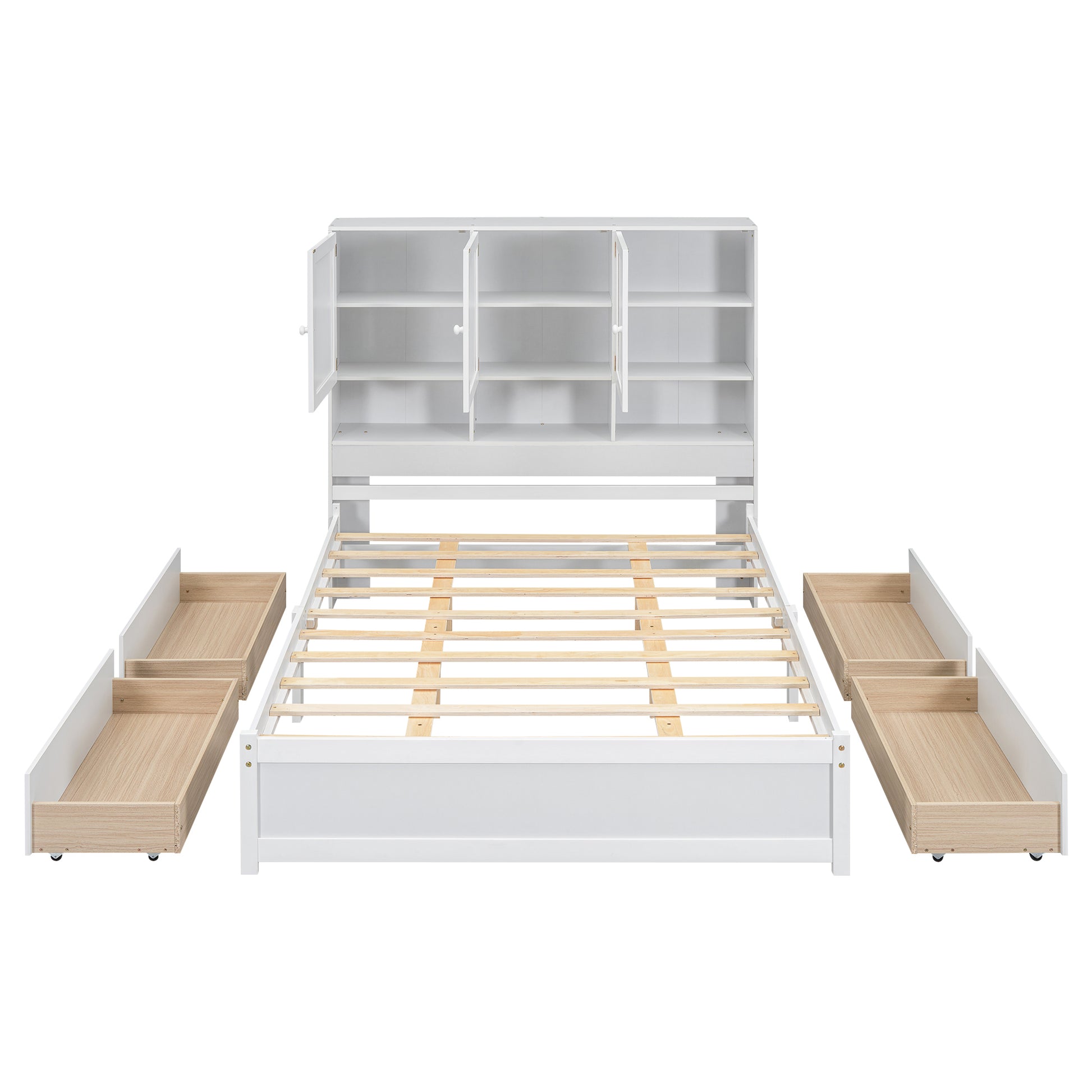 Queen Size Platform Bed With Storage Headboard And 4 Drawers, White Box Spring Not Required Queen White Wood Bedroom Bed Frame Solid Wood Mdf