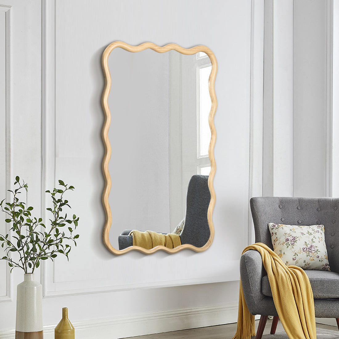 Solid Wood Wavy Rectangle Mirror Natural Wood40" X 28" Modern Mirror Wall Decor For Bathroom, Bedroom, Living Room, Dining Room, Cloakroom, Entryway Natural Wood Glass Solid Wood