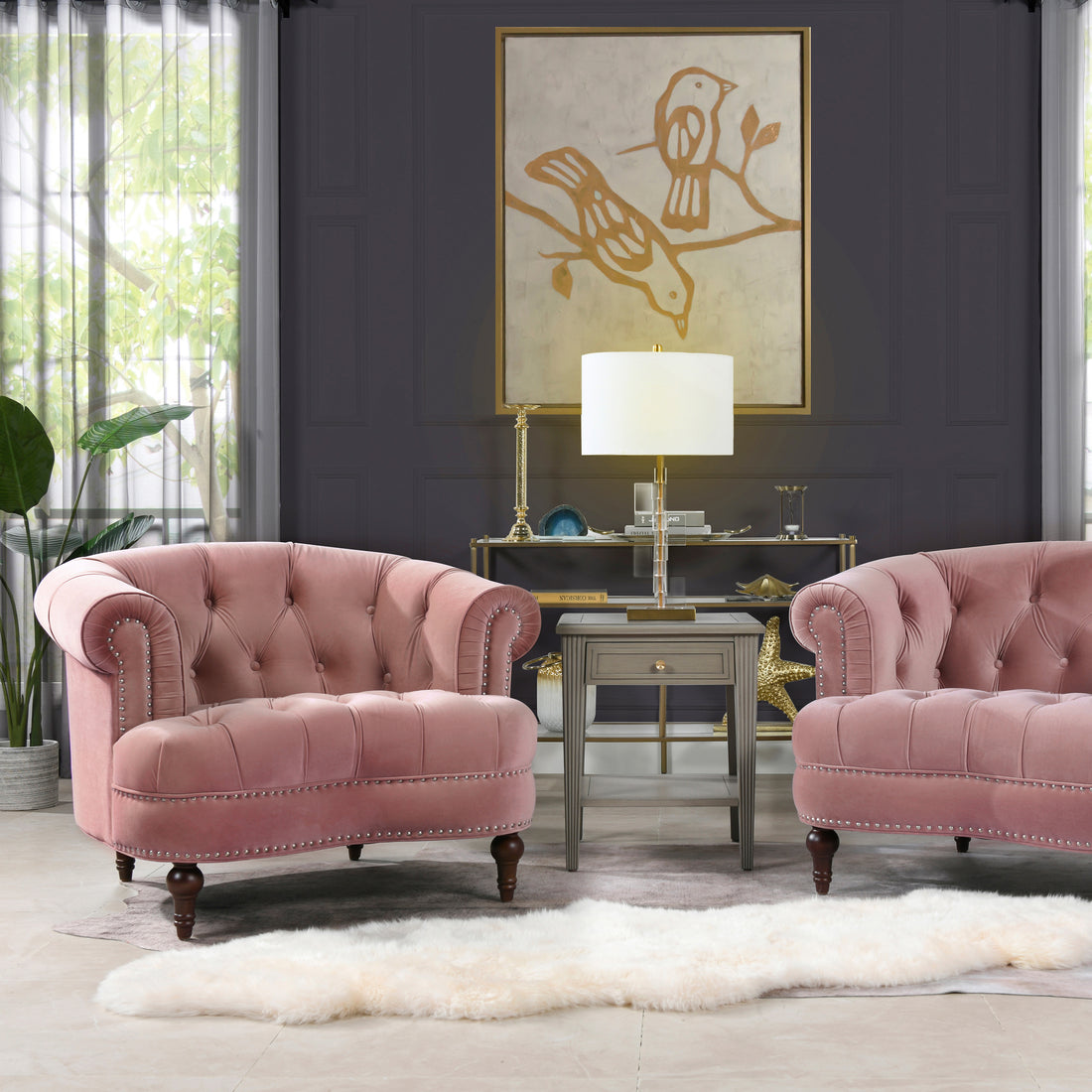 La Rosa Victorian Tufted Upholstered Accent Chair, Ash Rose Pink Velvet Pink Foam Velvet
