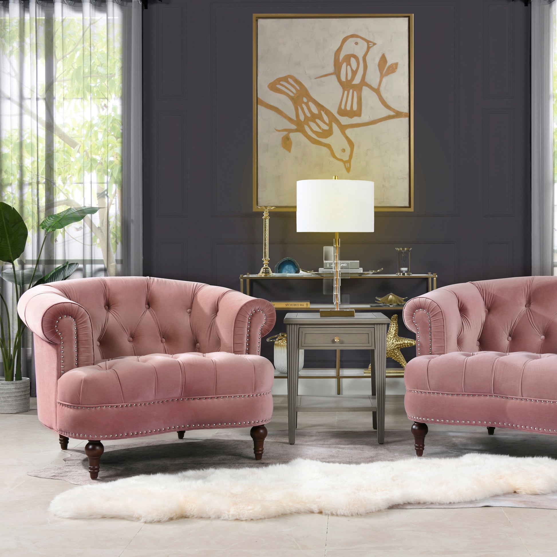 La Rosa Victorian Tufted Upholstered Accent Chair, Ash Rose Pink Velvet Pink Foam Velvet