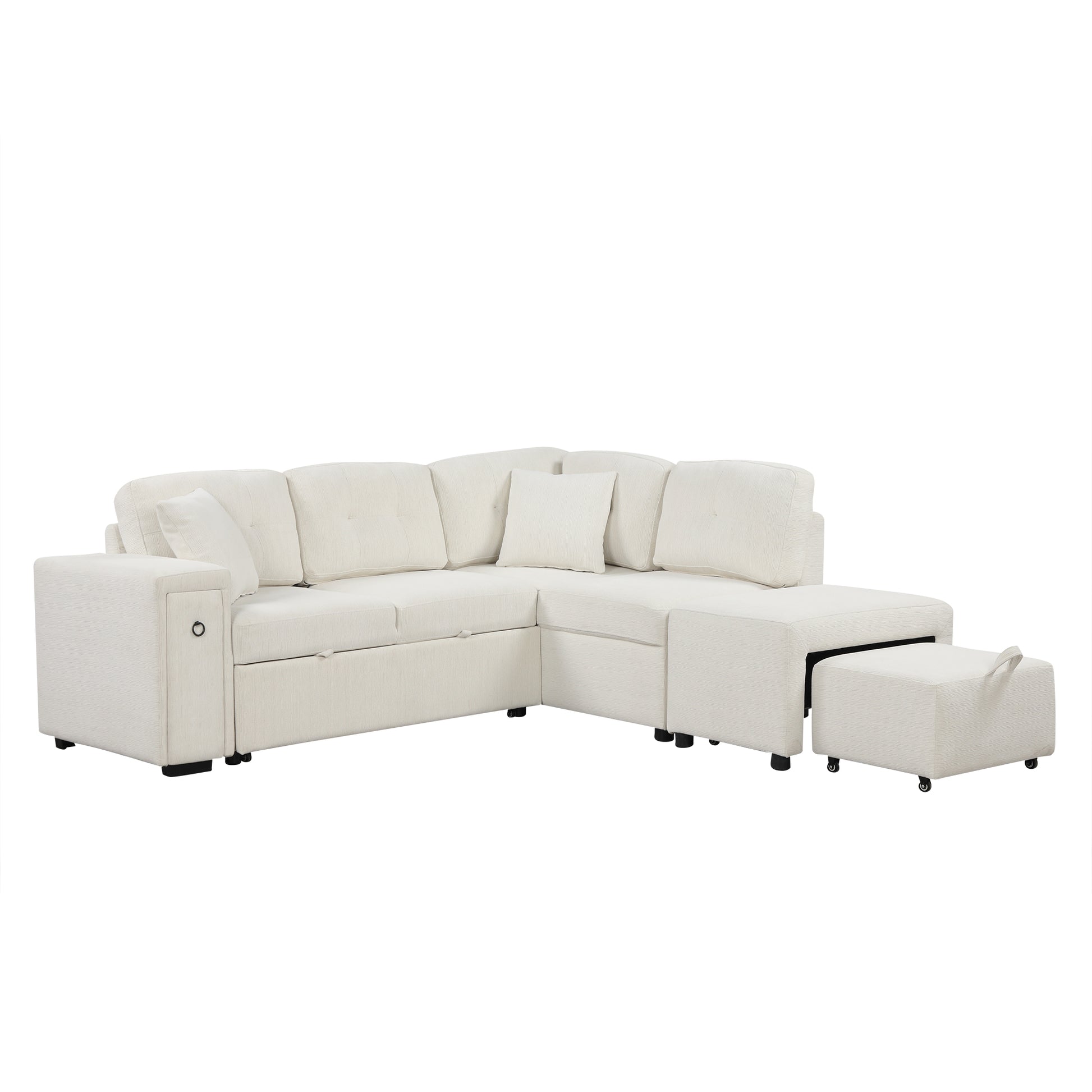 86.6" Sectional Sofa L Shaped Sofa Couch Pull Out Sofa Bed With A Movable Ottoman, Two Usb Ports And Two Cup Holders For Living Room, Beige Beige Foam Chenille 4 Seat