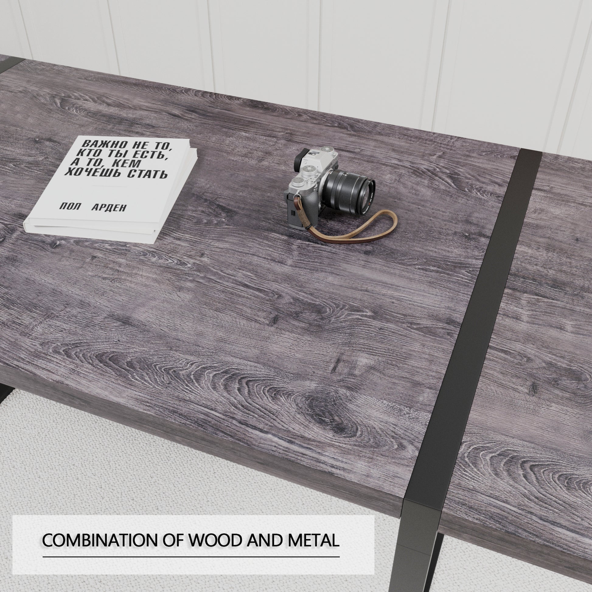 59 "Rural Industrial Rectangular Mdf Black Dining Table Set And Pu Armless Dining Chair Set, 6 Pieces. Kitchen Black Metal Table Leg Dining Chair Set Black Gray Mdf