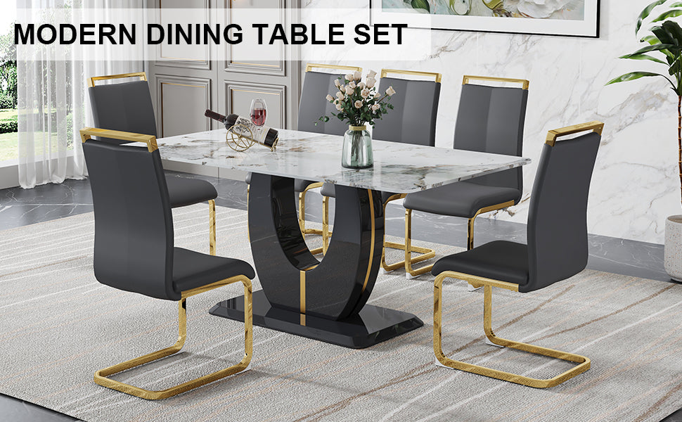 Table And Chair Set, Modern Dining Table, Patterned Table Top And Black Mdf Table Leg, Soft And Comfortable Dining Chair, Perfect For Dinner, Meetings, Home And Office Decor Black Grey Mdf Glass