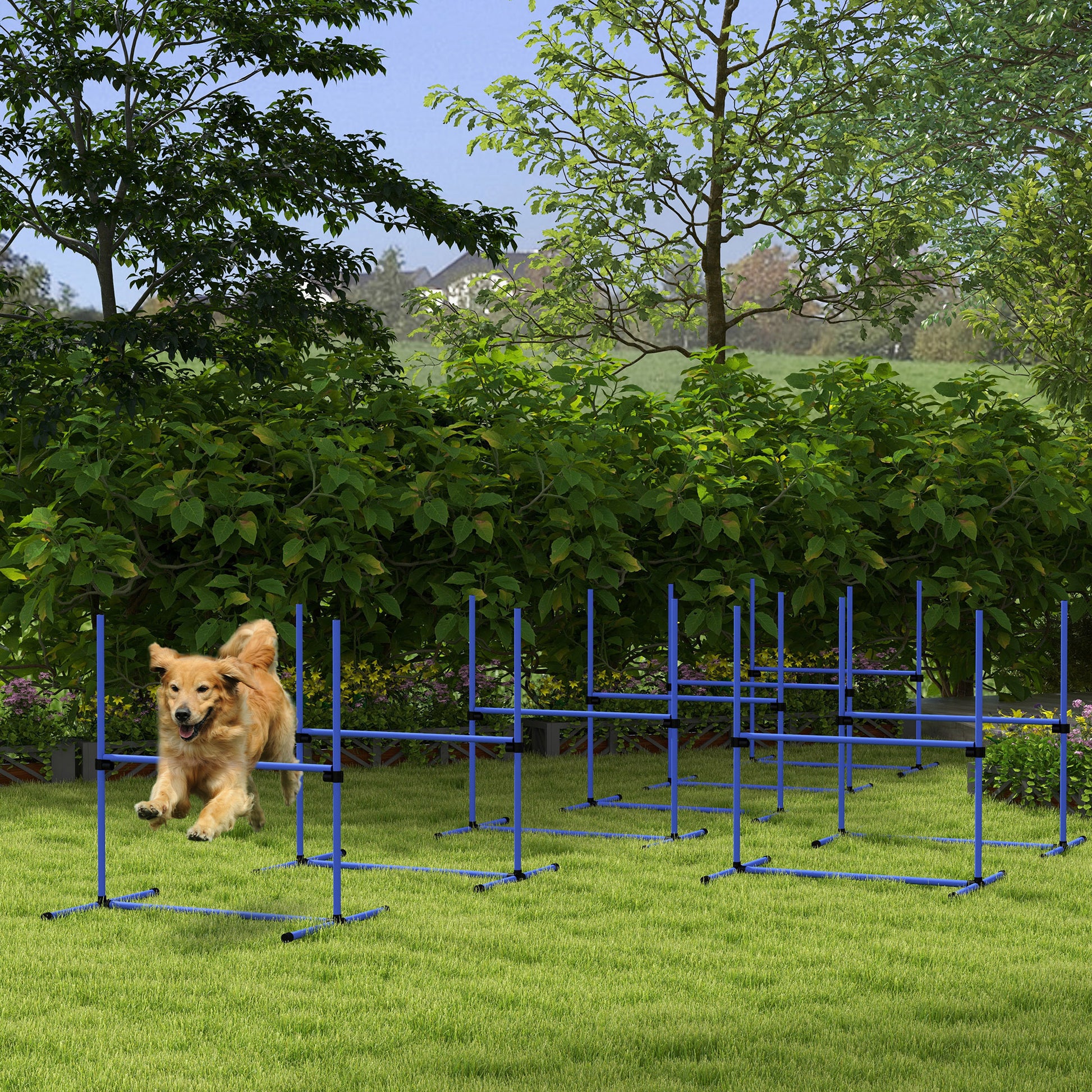 Pawhut 8 Piece Dog Agility Training Equipment For Dog Agility Course With Adjustable Height Jump Bars, Included Carry Bag, & Displacing Top Bar, Blue Blue Plastic