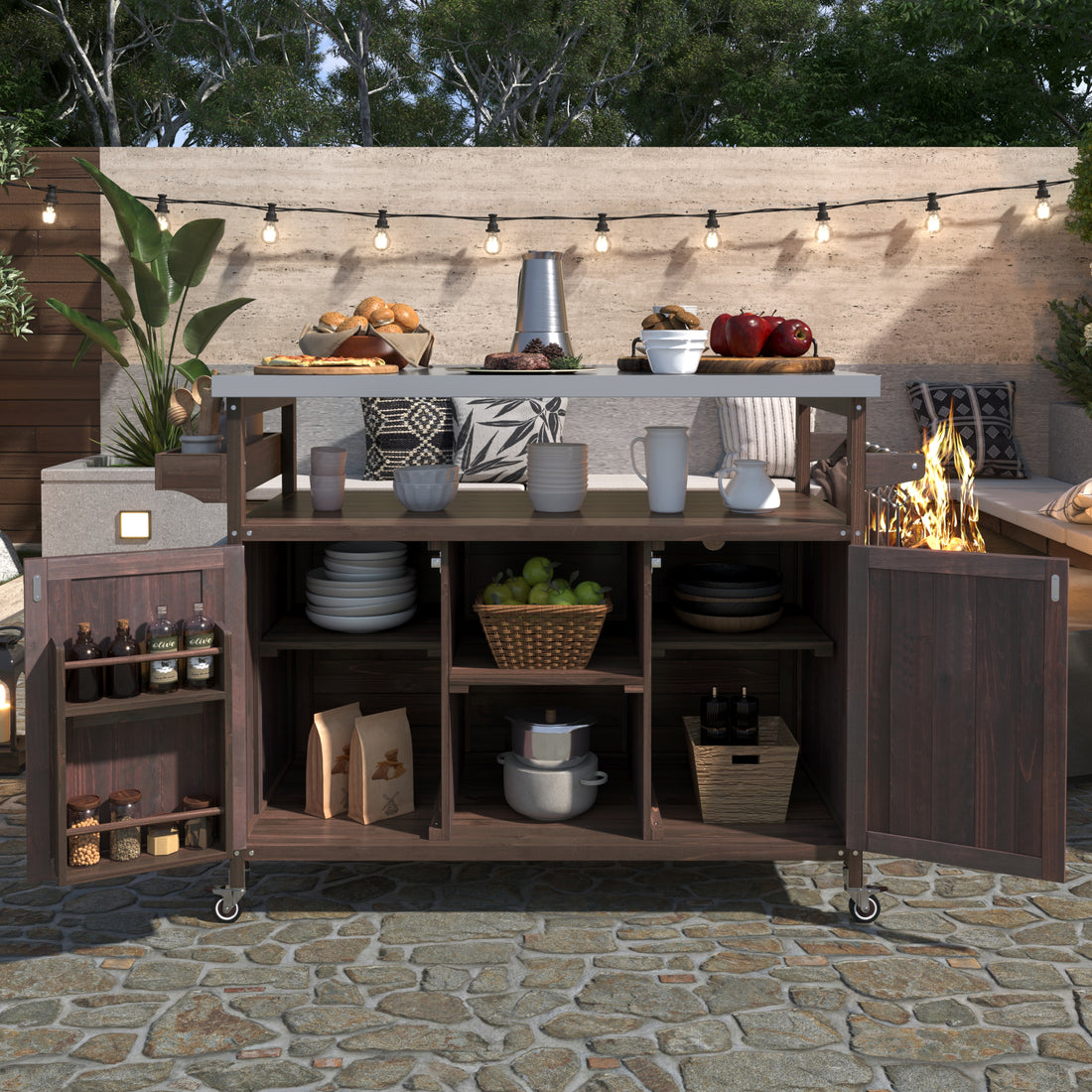 K&K Outdoor Kitchen Island, Rolling Bar Cart & Storage Cabinet, Farmhouse Solid Wood Outdoor Grill Table With Stainless Steel Top, Spice Racktowel Rack For Kitchen & Barbecuedark Brown Dark Brown Garden & Outdoor Classic,Farmhouse,French