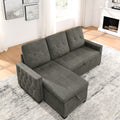 Sectional Sleeper Sofa With Storage Chaise For Living Room, Grey Linen Couch Antique Gray Wood Fabric 3 Seat