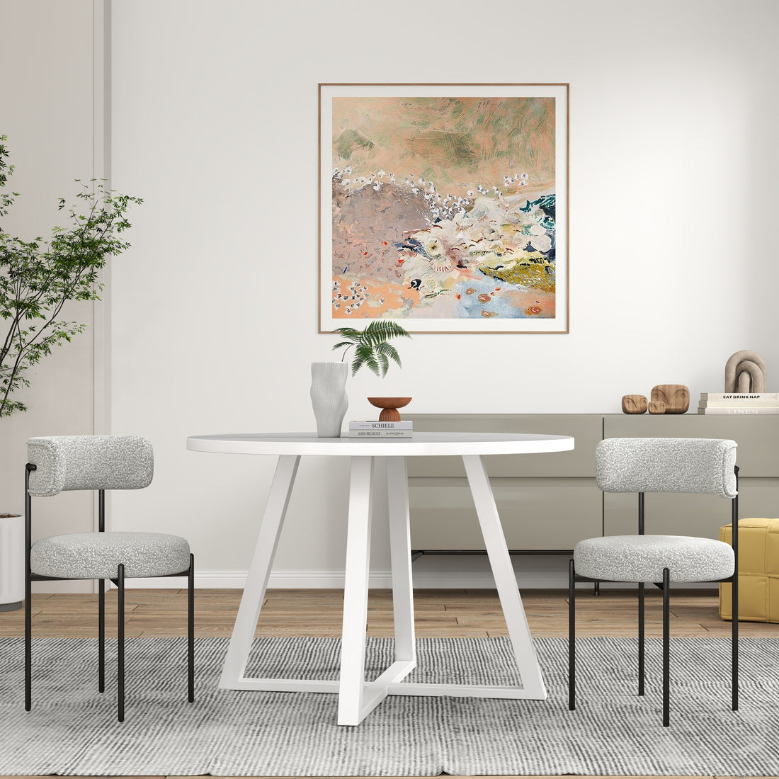 Durban 3 Piece Round Dining Set, Trestle Dining Table With 2 Boucle Chairs White Wood Dining Room Solid Wood Rubberwood Round Dining Table With Chair Wood Wood White Multi Slat Back Seats 2 Contemporary,Modern Round Trestle Solid Wood Mdf Solid Wood Mdf