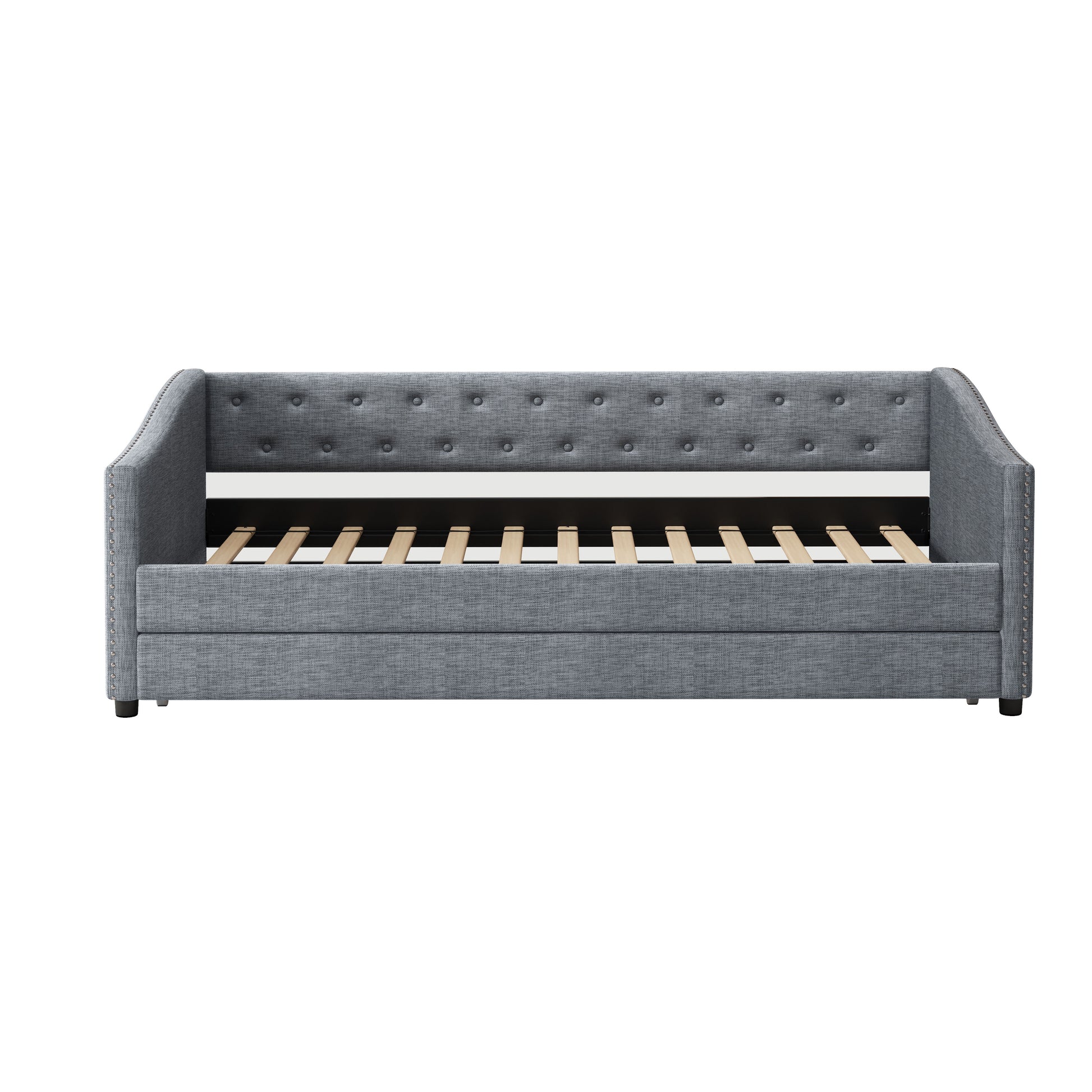Twin Size Daybed With Twin Size Trundle Upholstered Tufted Sofa Bed, With Button On Back And Copper Nail On Waved Shape Arms Light Grey Twin Light Grey Wood Fabric