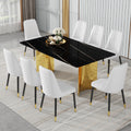 Table And Chair Set.The Table Has A Glass Top With Imitation Marble Pattern Stickers And Stainless Steel Golden Legs. Paried With Chairs With Pu Artificial Leather Backrest Cushions And Black Legs. Black Gold Seats 8 Glass Metal