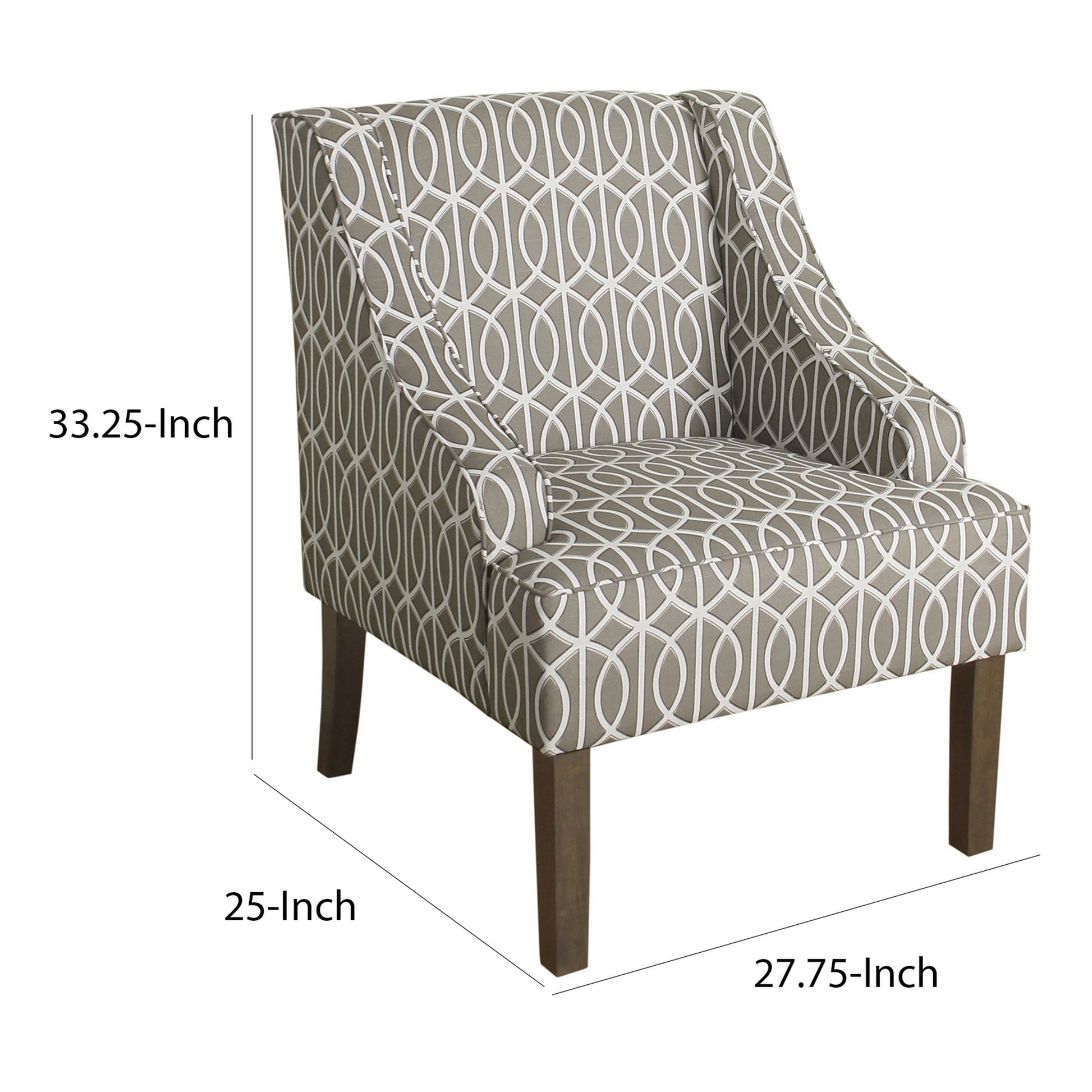 Fabric Upholstered Wooden Accent Chair With Trellis Pattern Design, Gray, White And Brown Grey Brown Wood Fabric