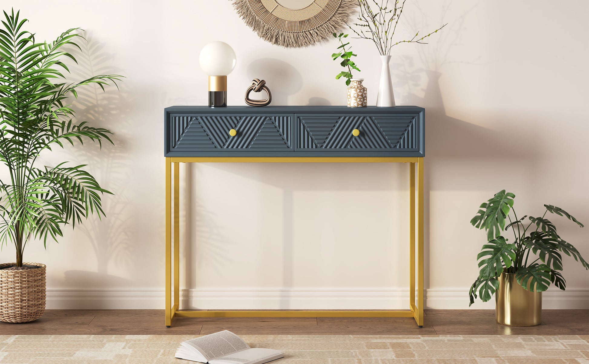 Modern Sleek Console Table Two Drawers With Stripe Design For Living Room And Entryway Grey Grey Mdf