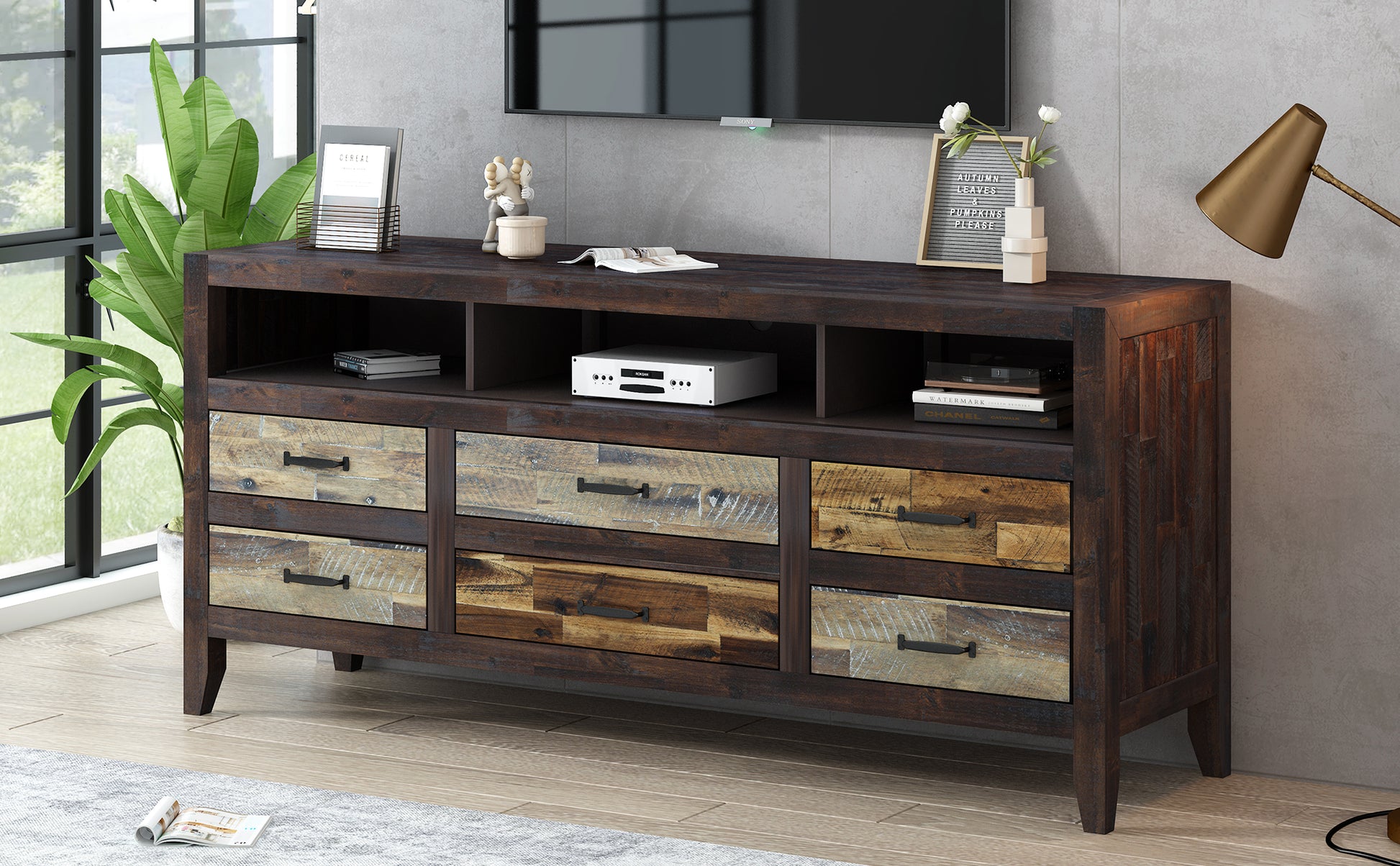 Retro Distressed Wooden Tv Stand For Tvs Up To 65 Inches, Entertainment Center Media Console With 6 Drawers And 3 Shelves For Living Room, Brown Brown 60 69 Inches Solid Wood Mdf