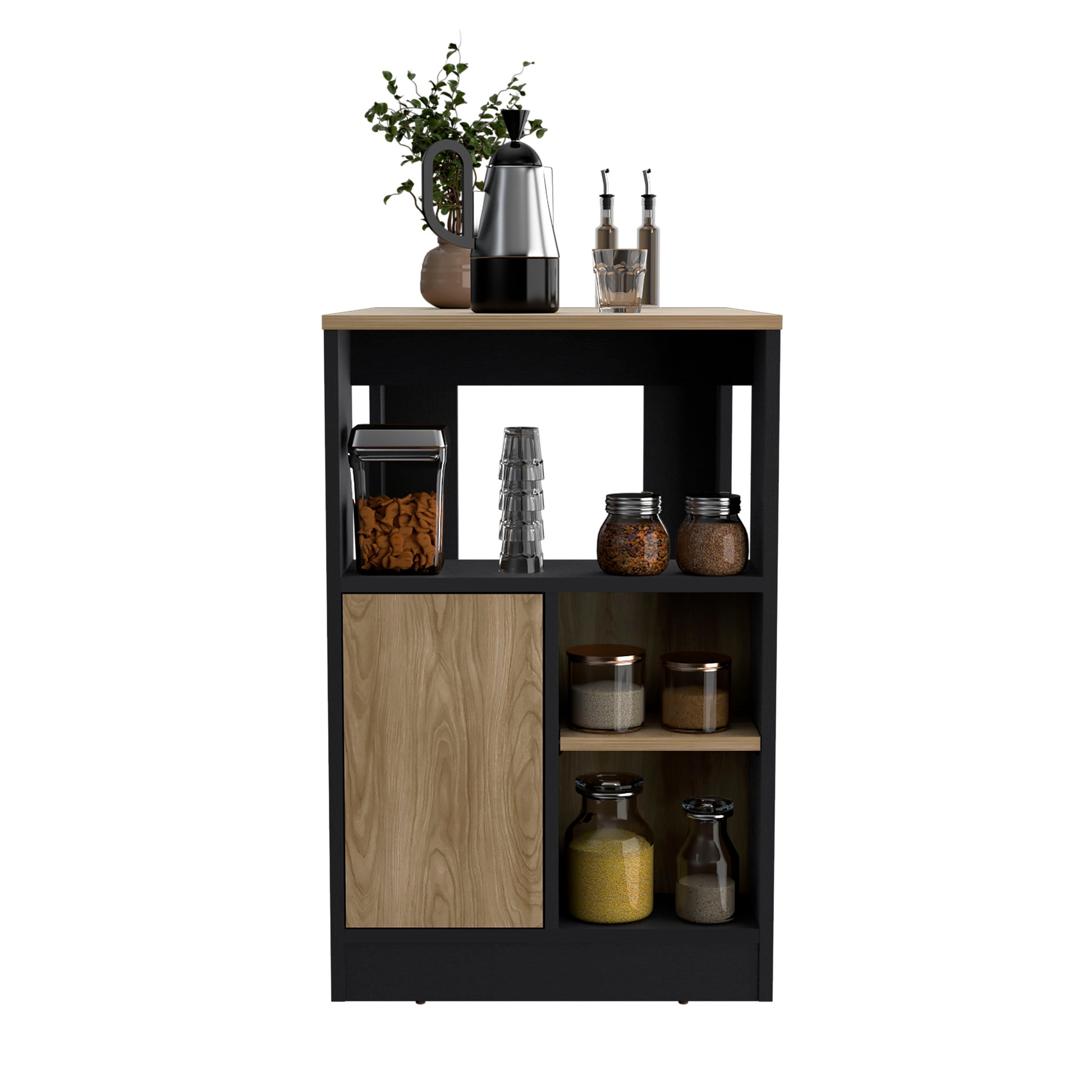 Kitchen Island 36" H, Three Open Side Storage Shelves And One Push To Open Cabinet, Black Natural Oak Multicolor Solid Wood Mdf Engineered Wood