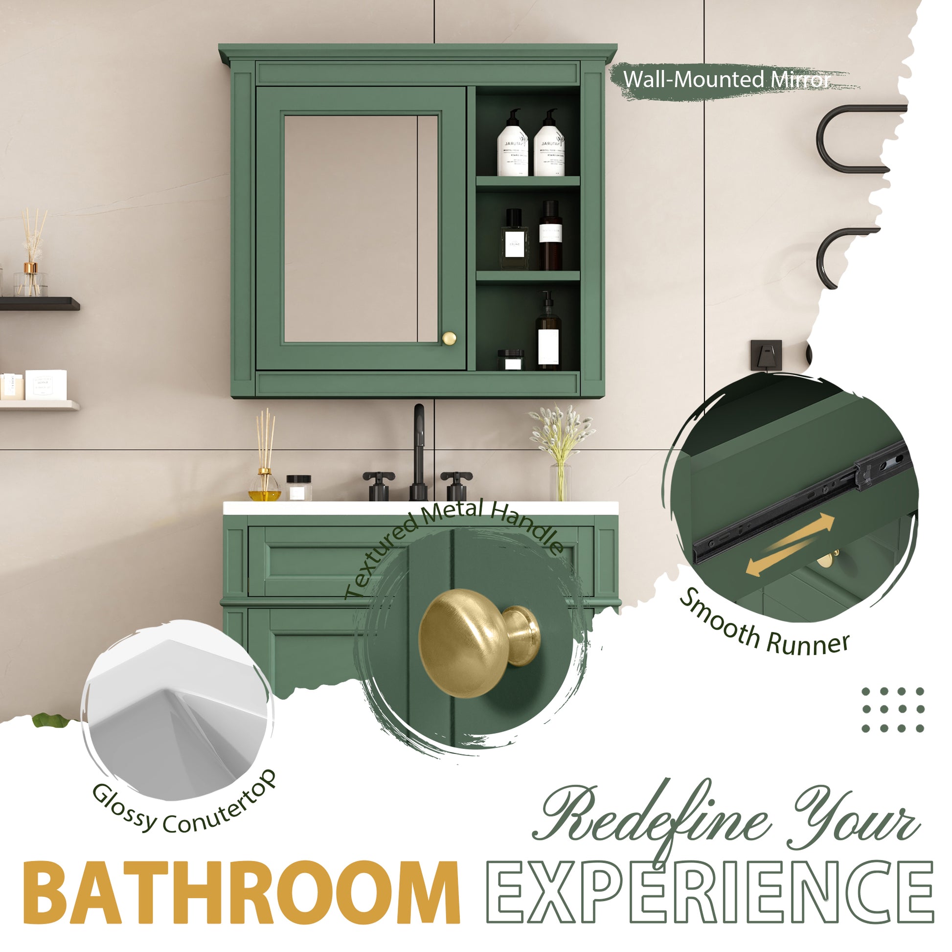 30'' Bathroom Vanity With Top Sink, Modern Bathroom Storage Cabinet With 2 Drawers And A Tip Out Drawer, Freestanding Vanity Set With Mirror Cabinet, Single Sink Bathroom Vanity 3 Green 2 4 Adjustable Hinges Bathroom Freestanding Solid Wood Mdf Resin