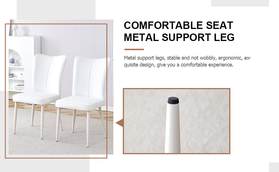 Table And Chair Set, Mdf Desktop, White Metal Table Legs, Stable And Beautiful, Suitable For Most Styles Of Home. Modern Simple Dining Table, Comfortable Seating. White Seats 4 Mdf