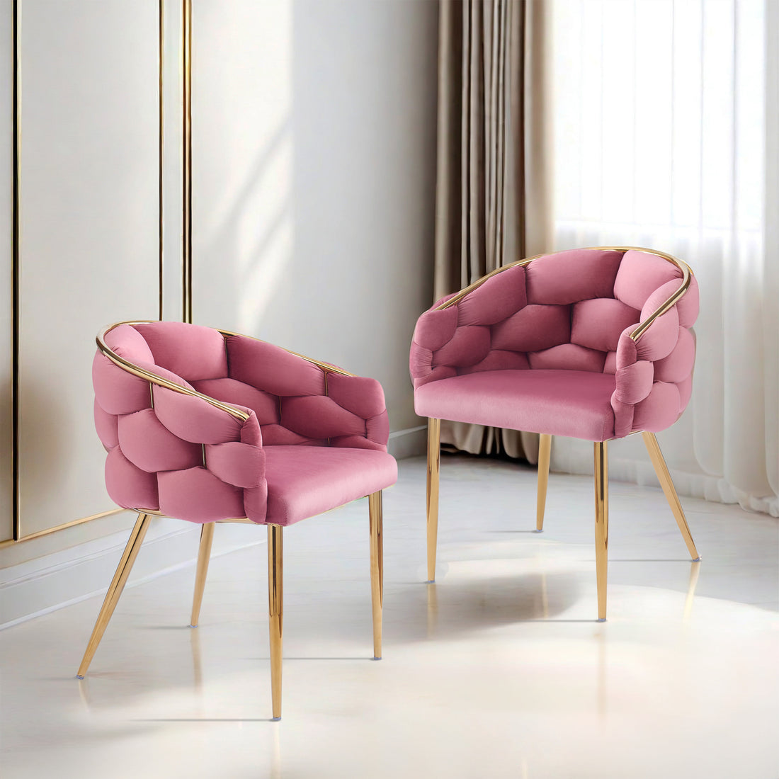 Set Of 2 Luxury Handmade Accent Chair With Gold Legs, Modern Velvet Armchair For Living Room And Bedroom Pink Foam Velvet