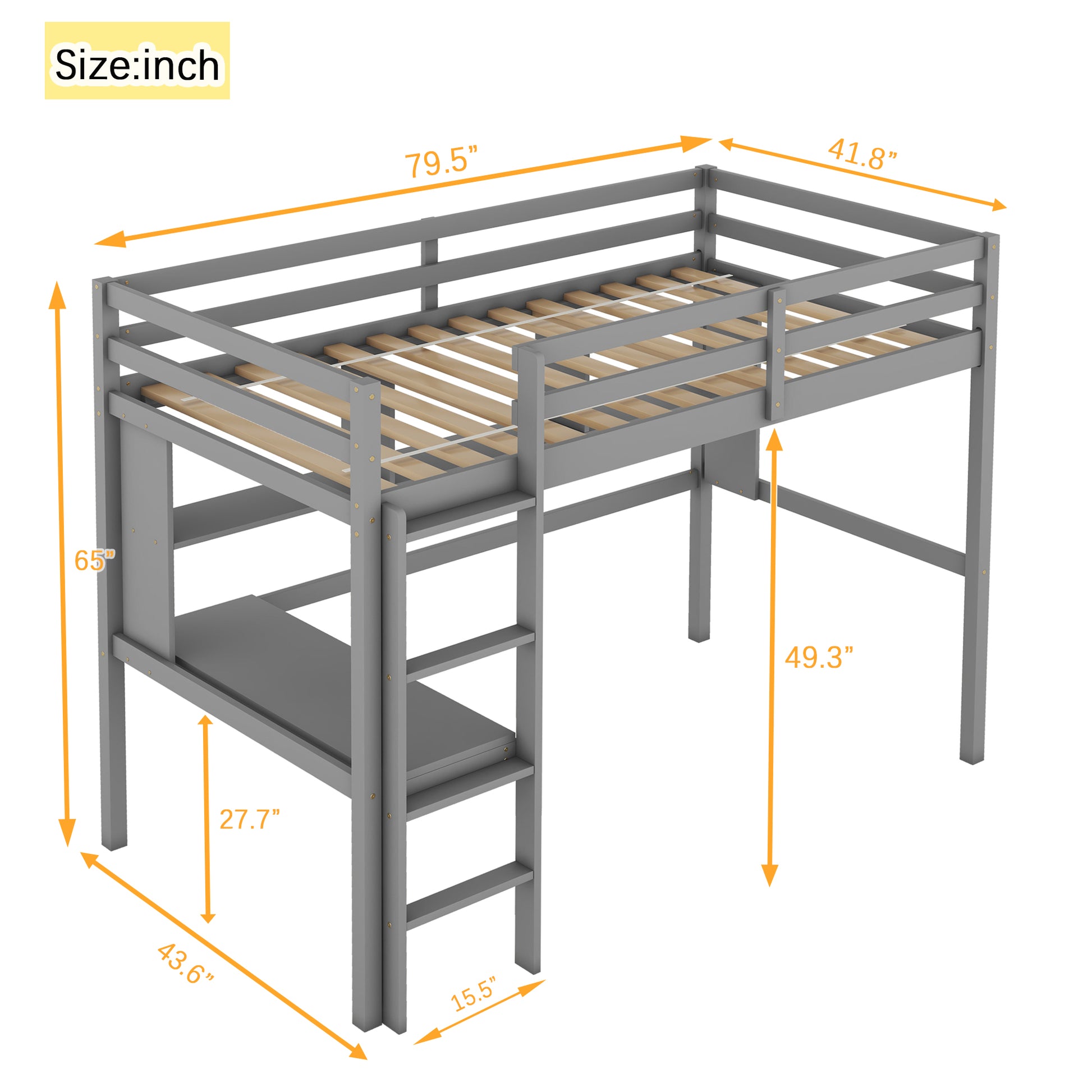 Twin Size Loft Bed With Desk And Shelves, Safety Guardrail And Ladder,Grey Twin Grey Pine