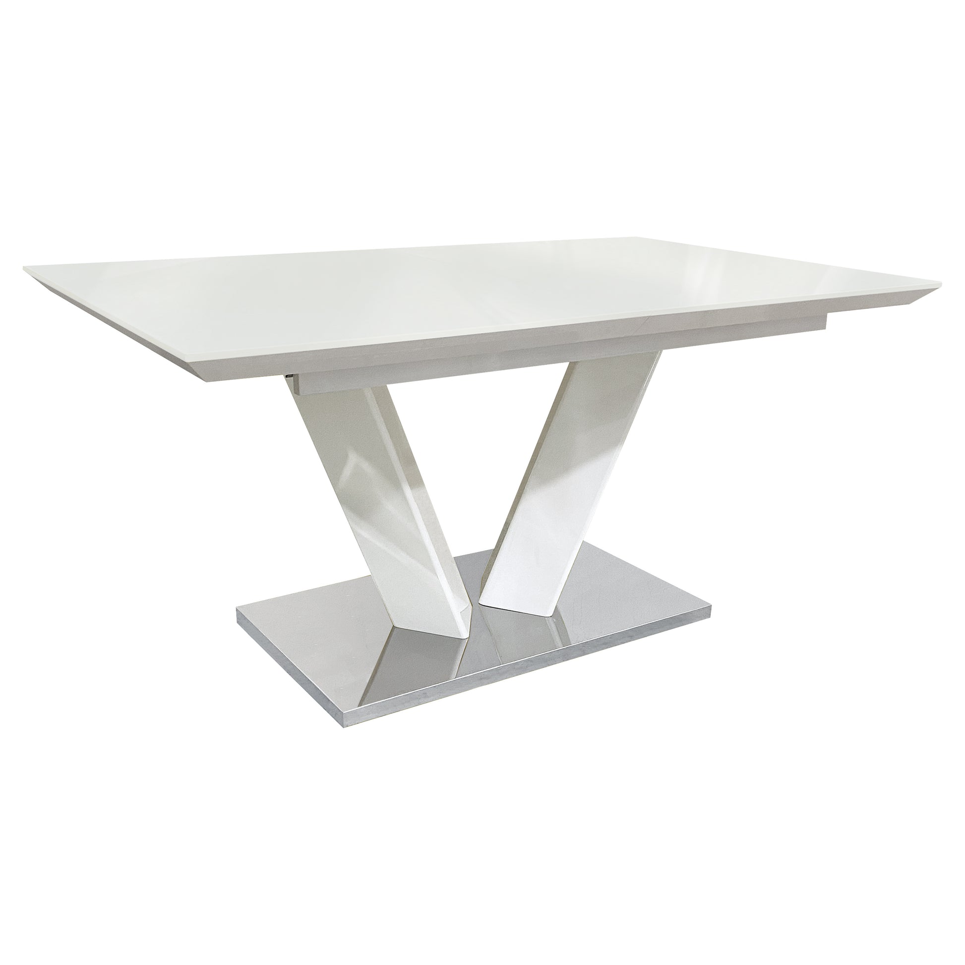 Sleek Contemporary Style Dining Table White High Gloss Finish Tabletop Self Storing Extension Leaf V Shaped Support Chrome Base Plate Dining Room Furniture 1Pc White Seats 6 Dining Room Contemporary,Modern Kitchen & Dining Tables Rectangular Metal,Wool