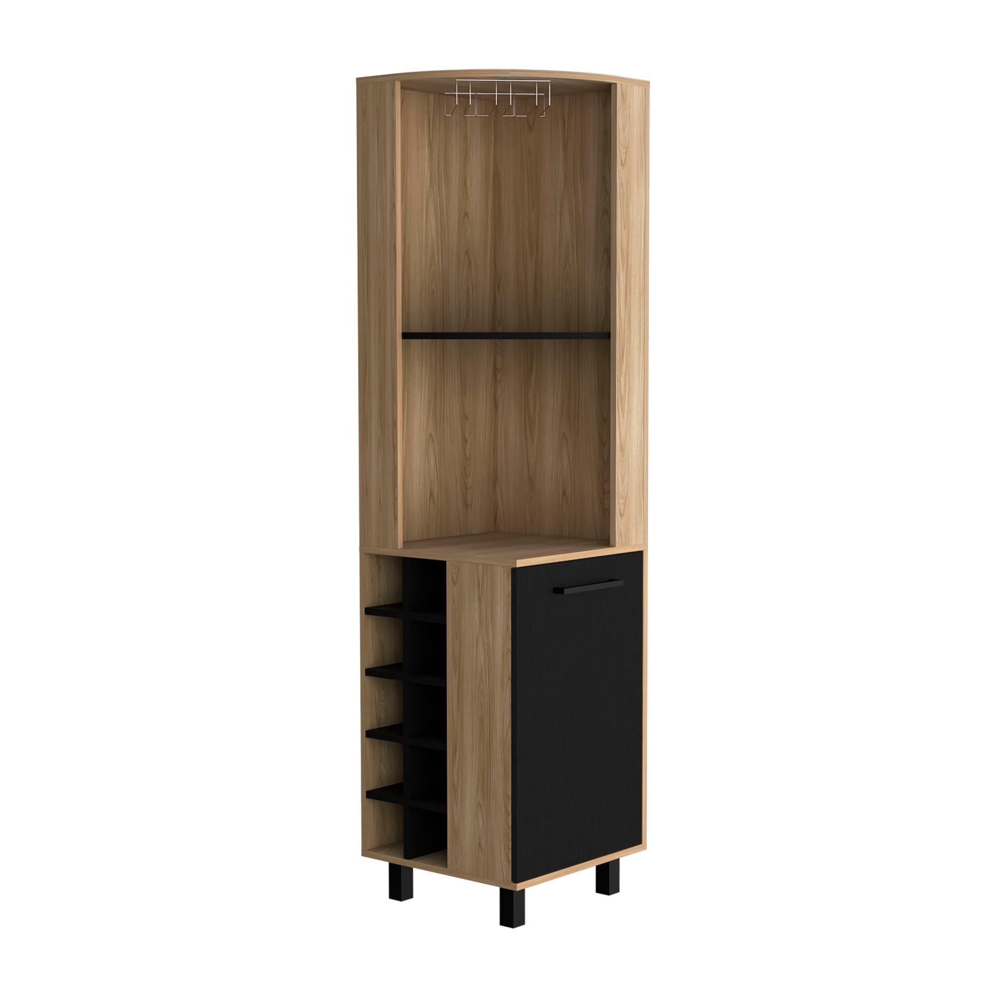 Kaia 70" Tall Corner Bar Cabinet With Four Shelves, Ten Wine Bottle Cubbies And Stemware In Natural Oak Black Light Oak Kitchen Modern Particle Board