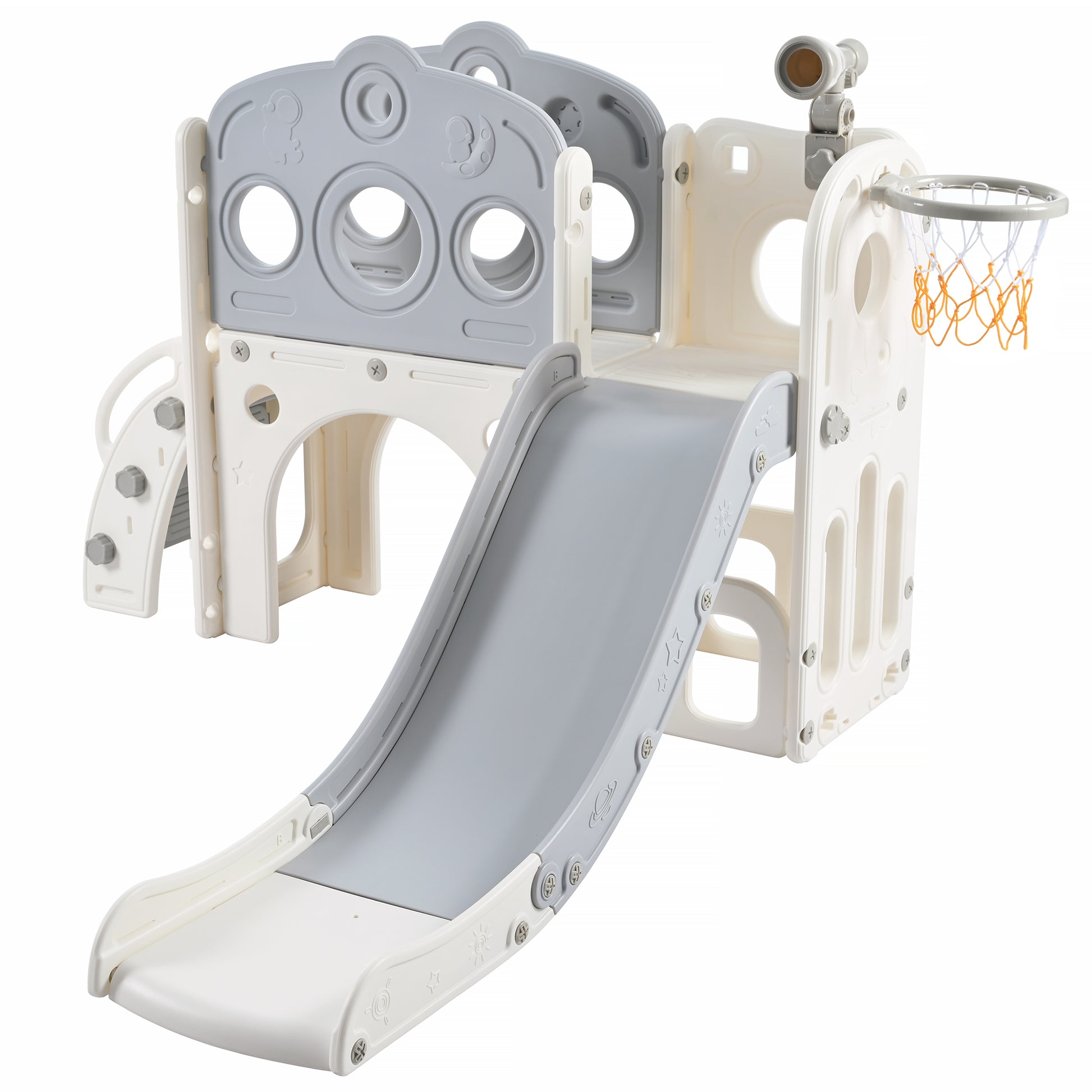 7 In 1 Toddler Slide Set, Freestanding Space Set With Slide, Kids Slide Playset Structure, Arch Tunnel And Basketball Hoop, Toy Storage Organizer For Toddlers, Kids Climbers Playground Grey White 50 99 Lbs Cute 1 To 2 Years Hdpe Indoor & Outdoor Use