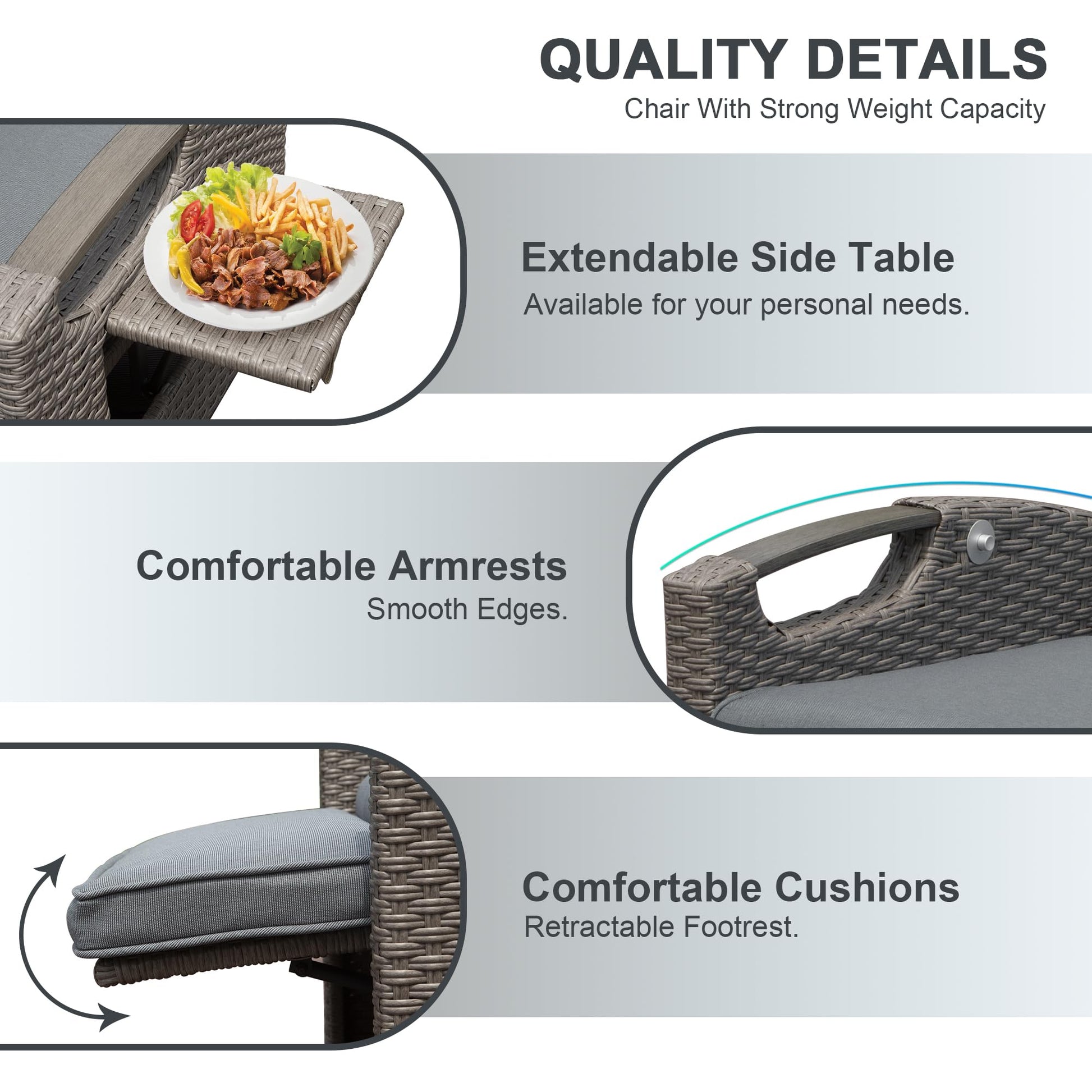 Outdoor Recliner Chair, Patio Recliner With Hand Woven Wicker, Flip Table Push Back, Adjustable Angle, 6.8'' Thickness Cushions, Reclining Lounge Chair For Indoor And Outdoor, Gray Yes Gray Garden & Outdoor Steel Rattan