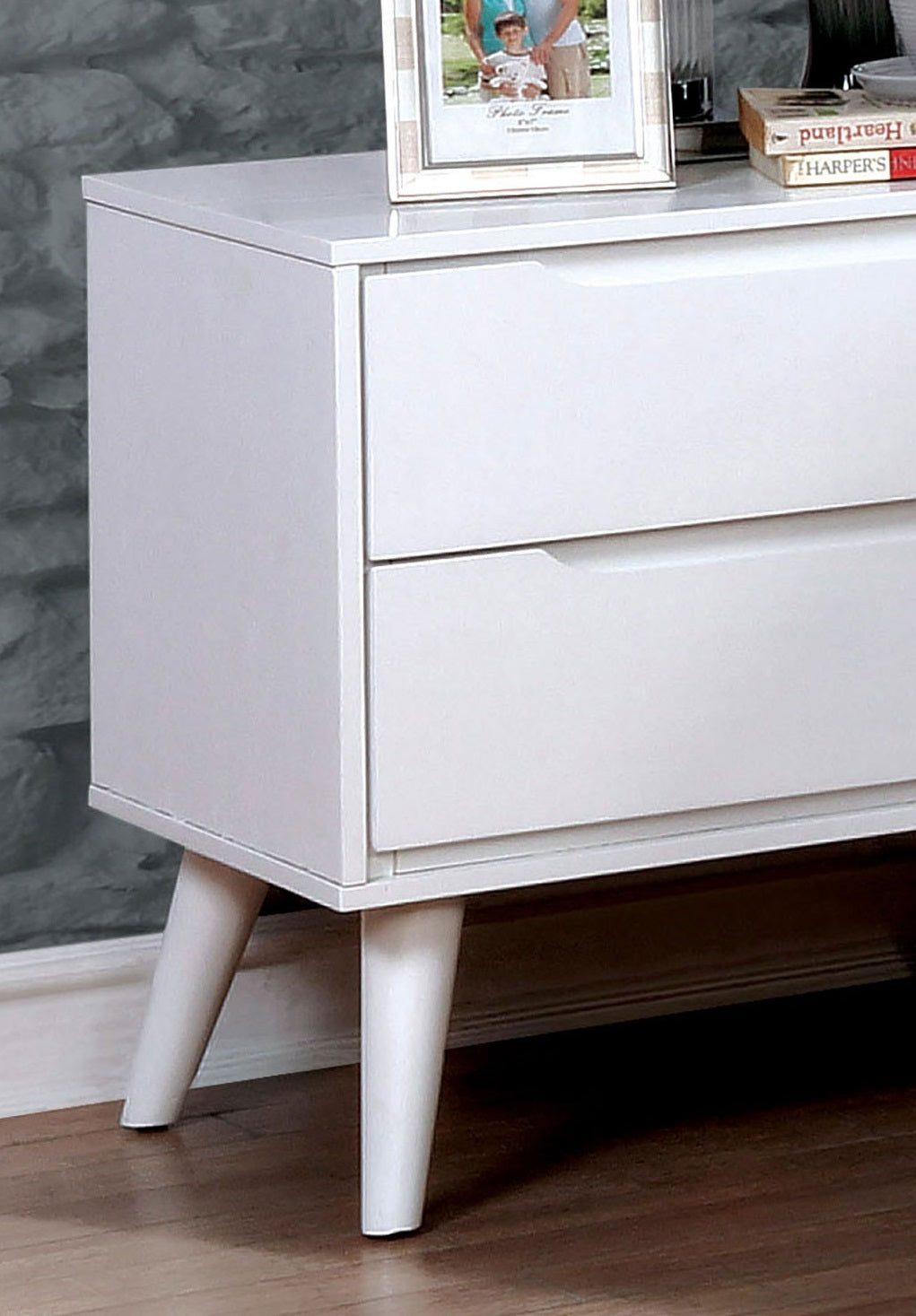 Mid Century Modern White Color 1Pc Nightstand Bedroom Furniture Solid Wood Round Tapered Legs 2 Drawers Bedside Table White White 2 Drawers Bedroom Bedside Cabinet Contemporary,Mid Century Modern,Modern,Transitional Rubberwood Drawers Solid Wood