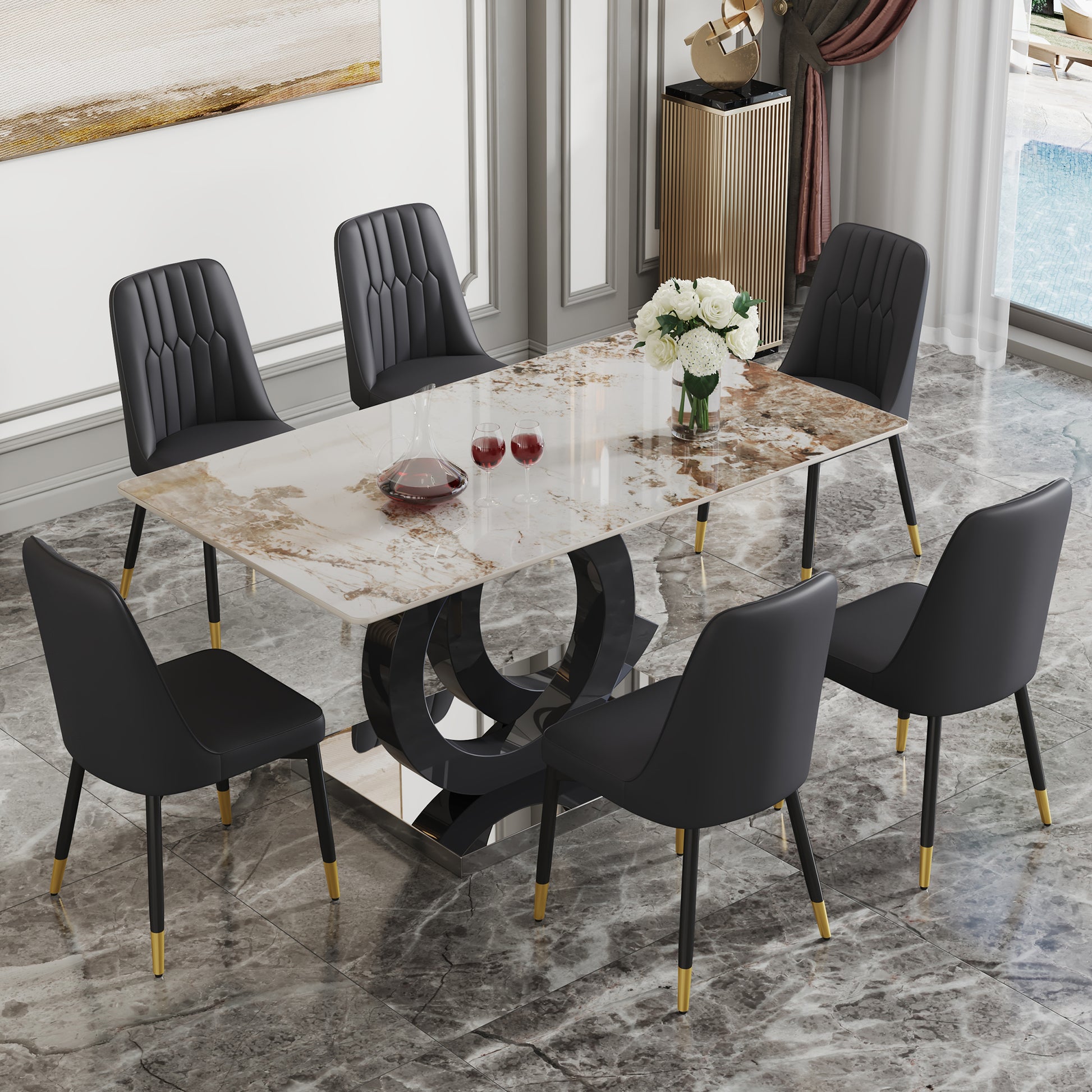 Table And Chair Set.63"X31.5" Marble Pattern Sintered Stone Table With Mdf Oc Shaped Bracket.Paired With 6 Black Chairs With Pu Cushions And Black Metal Legs.Suitable For Kitchen,Dining Room,Etc.