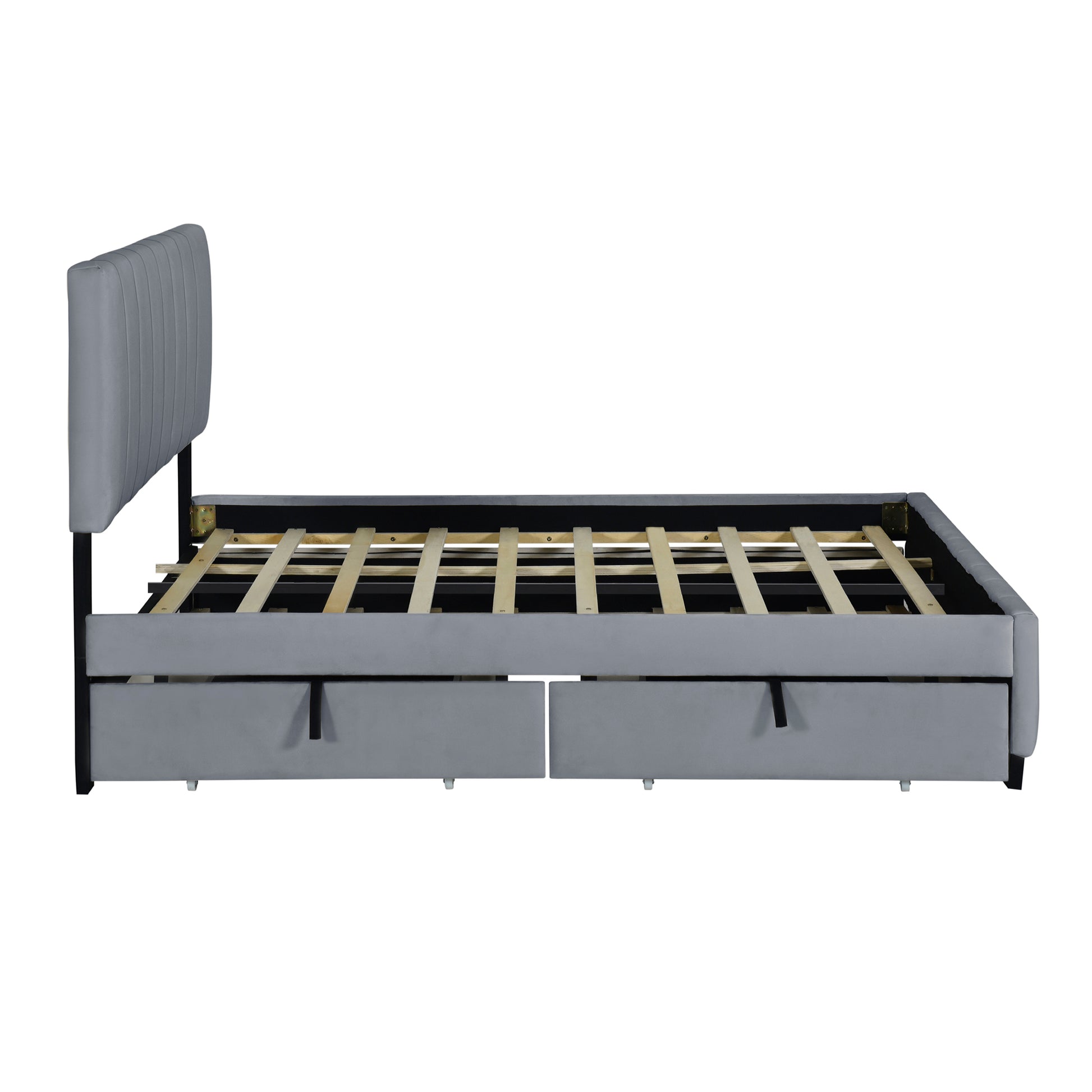Queen Size Velvet Upholstered Platform Bed With 2 Drawers And 1 Twin Xl Trundle Gray Queen Gray Upholstered