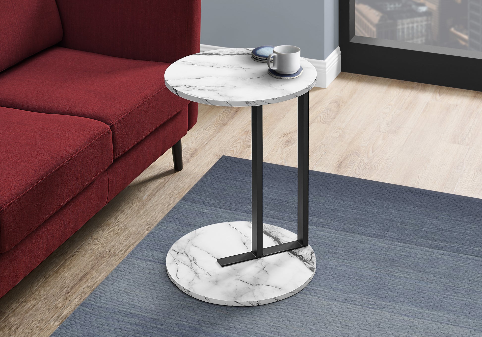 Accent Table, Side, Round, End, Nightstand, Lamp, Living Room, Bedroom, White Marble Look Laminate, Black Metal, Contemporary, Modern White Metal