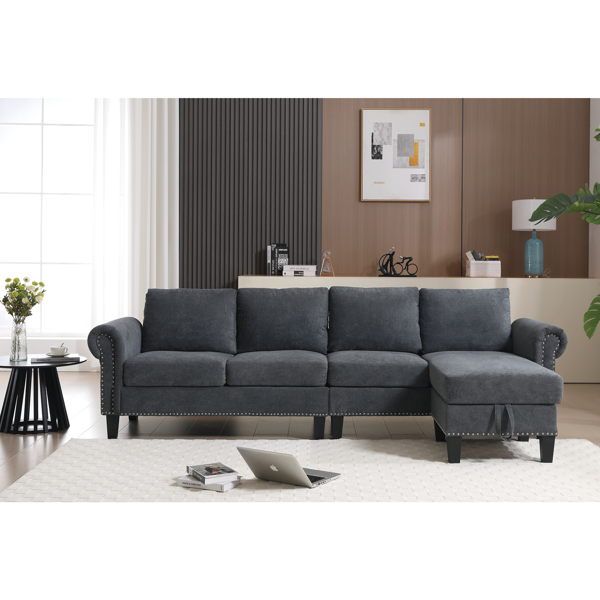 Arrived Convertible Sectional Sofa With Storage,L Shaped Sofa,Four Seater Sofa,Modern Linen Fabric Sectional Couches For Living Room,Gray Gray Polyester Wood Primary Living Space Medium Soft Cushion Back Modern Rolled Arms Wood 4 Seat