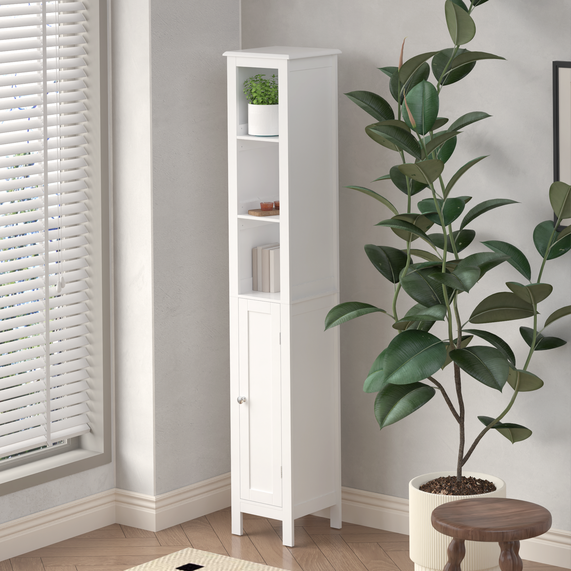 66.92" Tall Bathroom Storage Cabinet With Adjustable Shelves,1 Doors Freestanding Cabinet With Anti Tip, Open Compartments, For Home, Small Spaces, Bathroom,Kitchen, Living Room, White White 1 3 60 In & Above Mdf