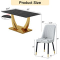 Table And Chair Set.Modern Rectangular Dining Table With Black Textured Stickers Glass Tabletop And Gold Plated Metal Legs.Paried With 6 Comfortable Chairs With Pu Seats And Black Metal Legs. Black