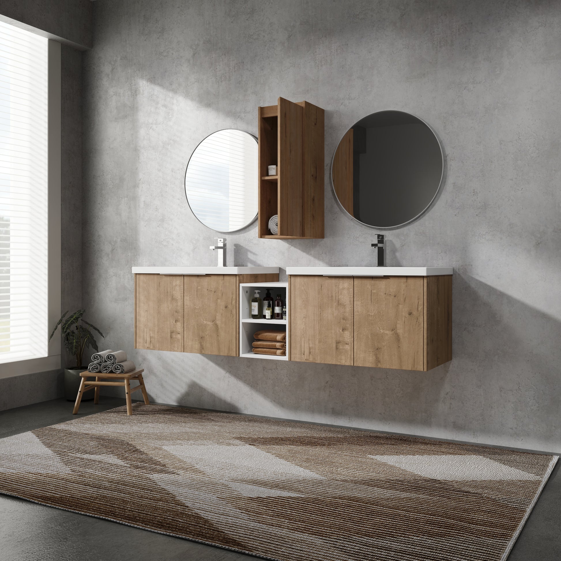 72" Wall Mounted Bathroom Vanity With Sink And Side Cabinet, Soft Close Doors,00112Imo 00630Imox2 00612Gwh Combination Cabinet Kd Packing Imitative Oak Bathroom Modern Plywood Plywood