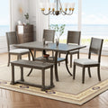 6 Piece Wood Dining Table Set With Storage Shelf And Curved Legs, Kitchen Table Set With Bench And 4 Removable Cushions Dining Chairs, Modern Style, Brown Gray Cushion Wood Dining Room Solid Wood Rubberwood Rectangular Dining Table With Bench Wood Wood